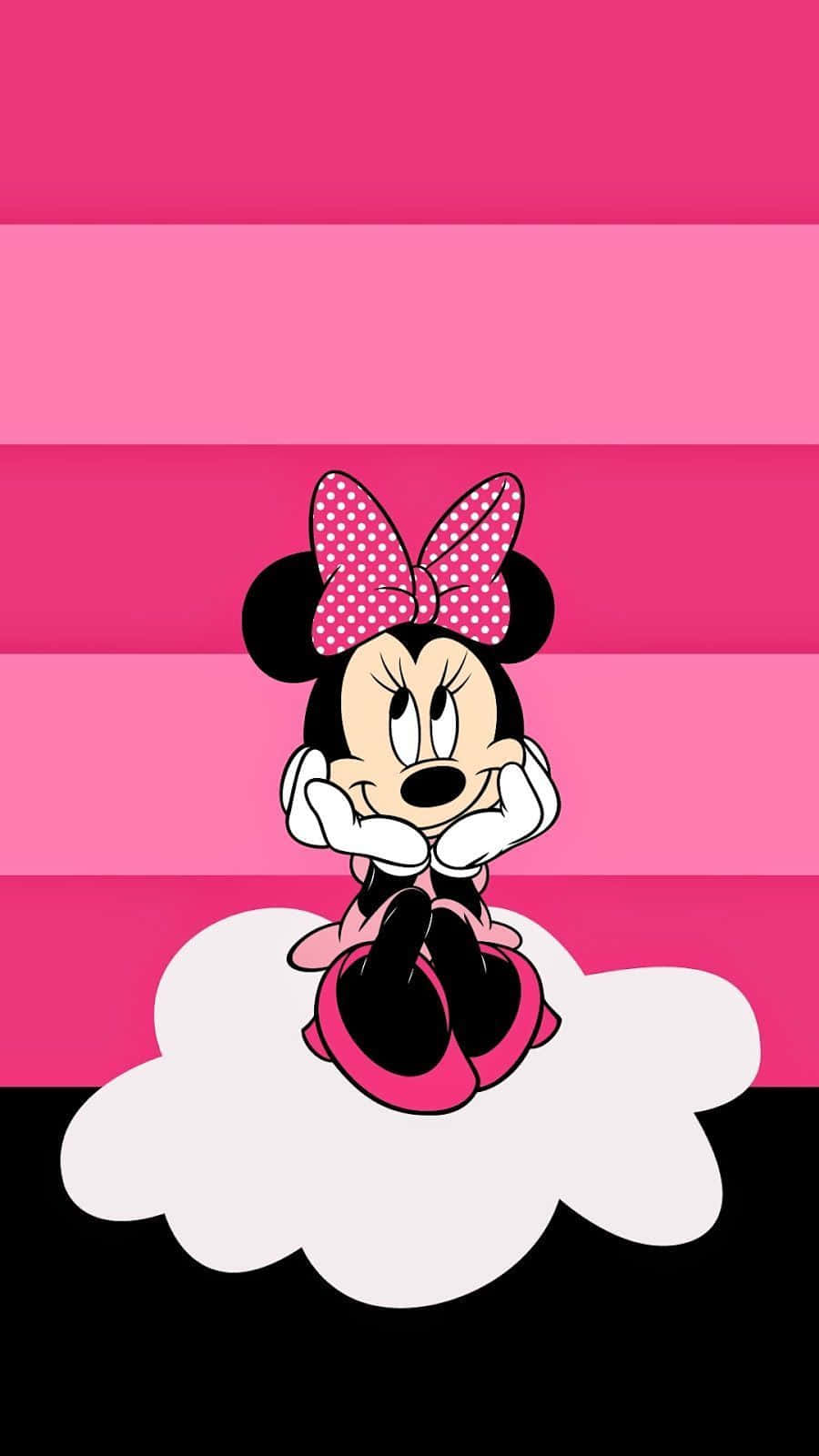Minnie Mouse Pink 桌布 壁紙 — 米妮老鼠坐在白色雲朵上，若有所思，背景是充滿活力的粉紅色條紋。