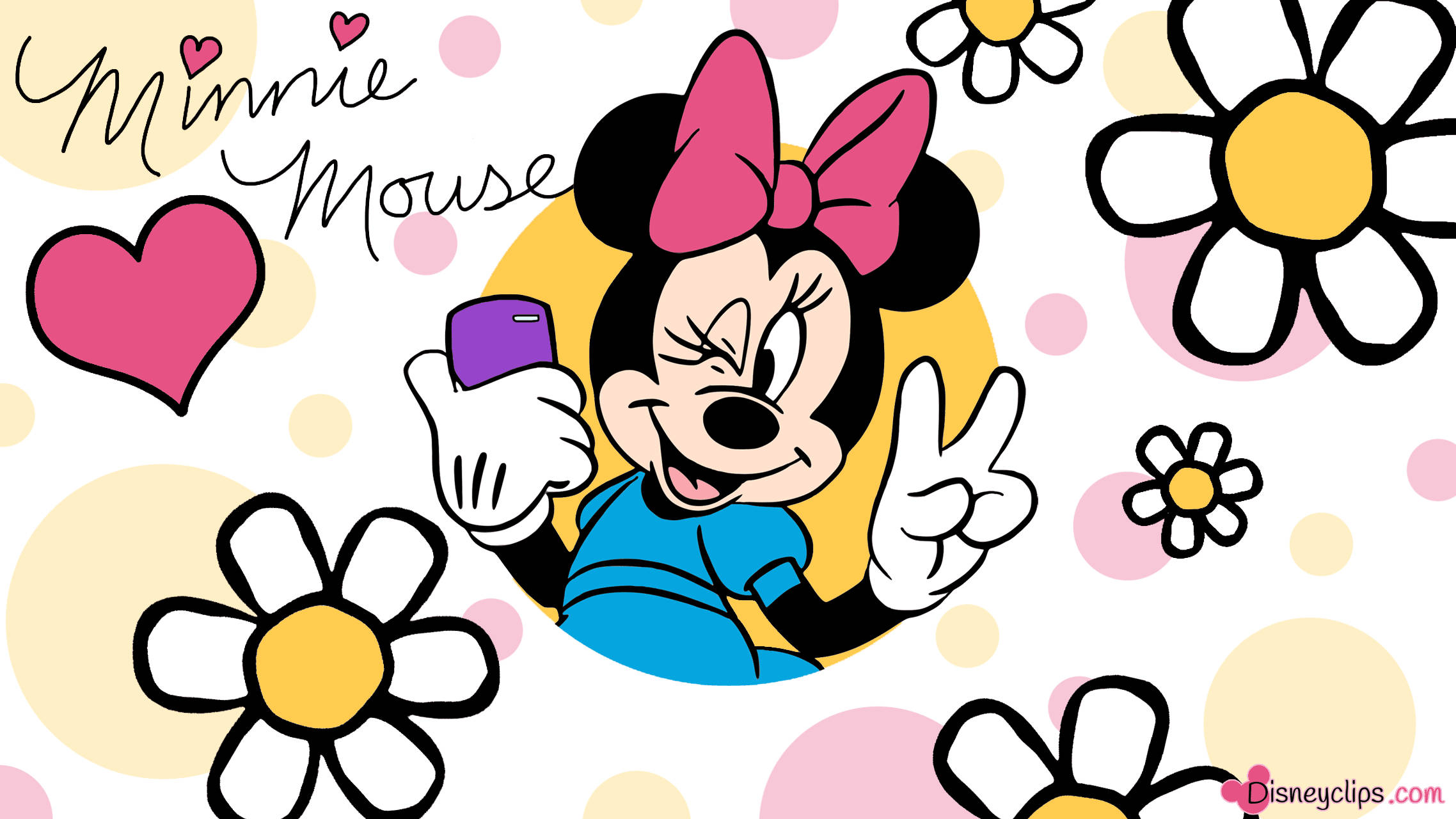 minnie 桌布 壁紙 — 米妮老鼠微笑揮手，手持電話，周圍有雛菊、愛心和粉彩圓點。