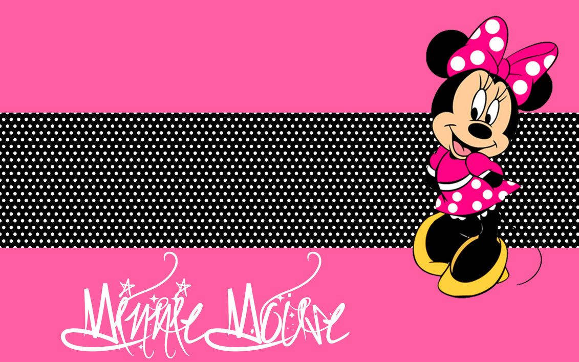 minnie 桌布 壁紙 — 米妮老鼠身穿粉紅色圓點服裝，在鮮明的粉紅和黑色圓點背景前開心地微笑。