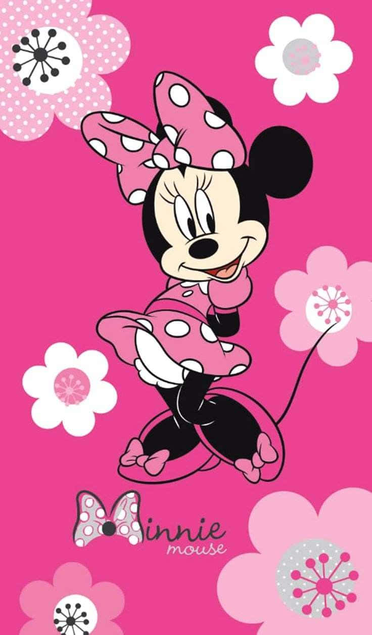 Minnie Mouse Pink 桌布 壁紙 — 米妮老鼠身穿粉紅色圓點服裝，在鮮豔的粉紅色背景上，在風格化的花朵中愉快地微笑。