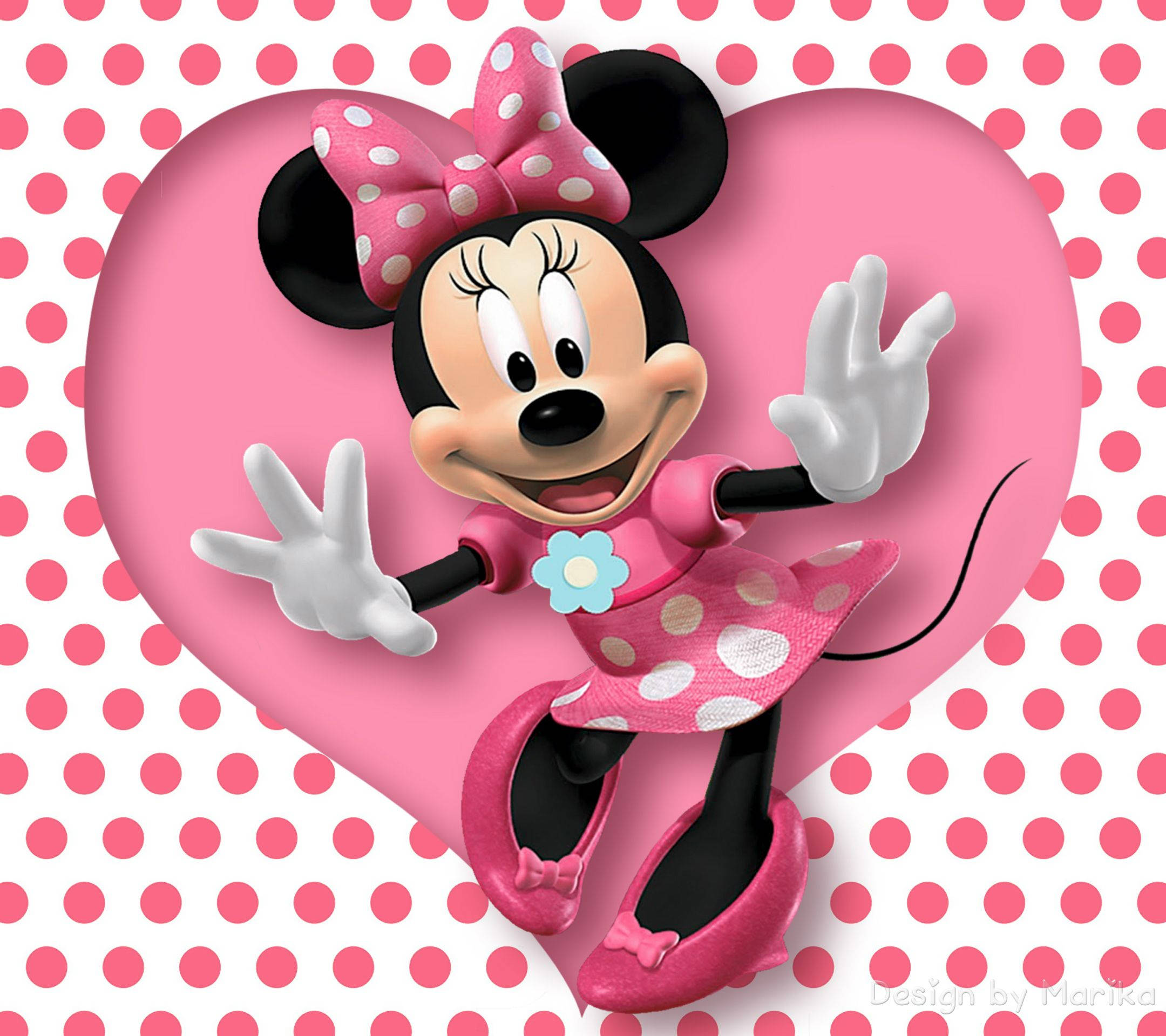 minnie 桌布 壁紙 — 米妮老鼠身穿粉紅色圓點連衣裙，在粉紅色圓點背景上的一個大粉紅色心形內愉快地揮手。