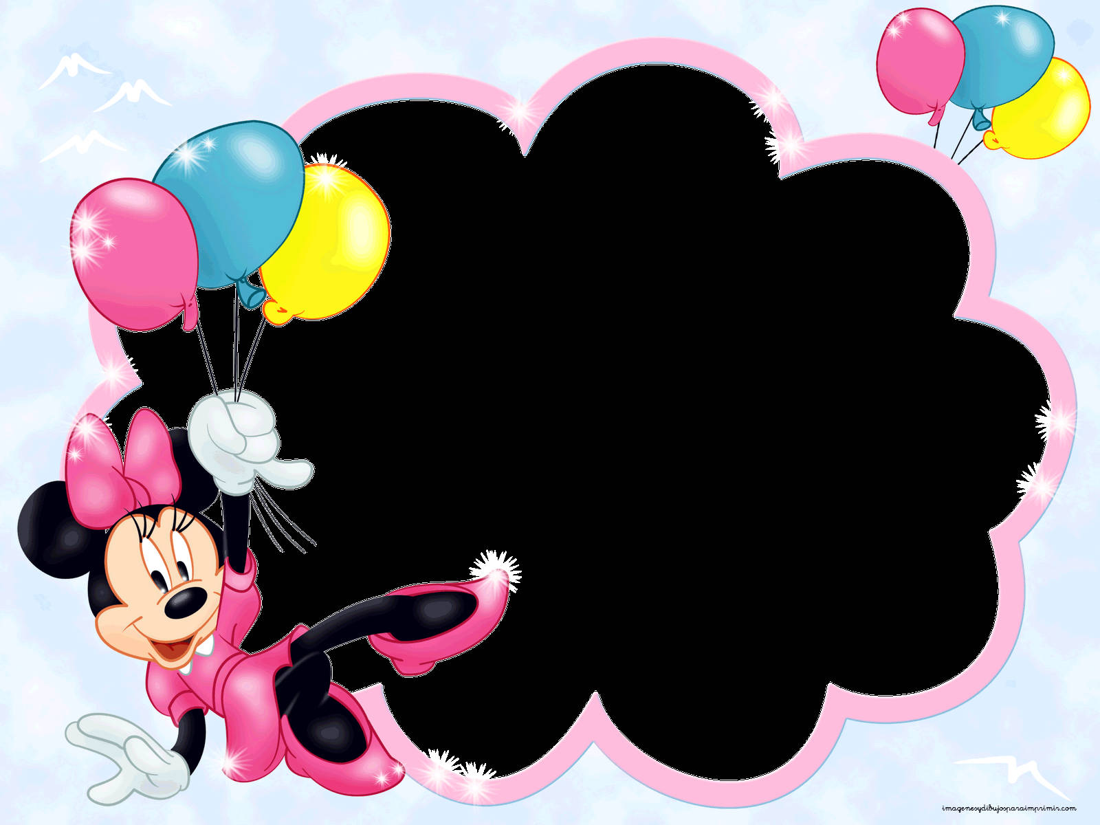 minnie 桌布 壁紙 — 米妮老鼠身穿粉紅色服裝，在淺藍色天空、閃爍光芒和黑色雲形框架的襯托下，手持彩色氣球。