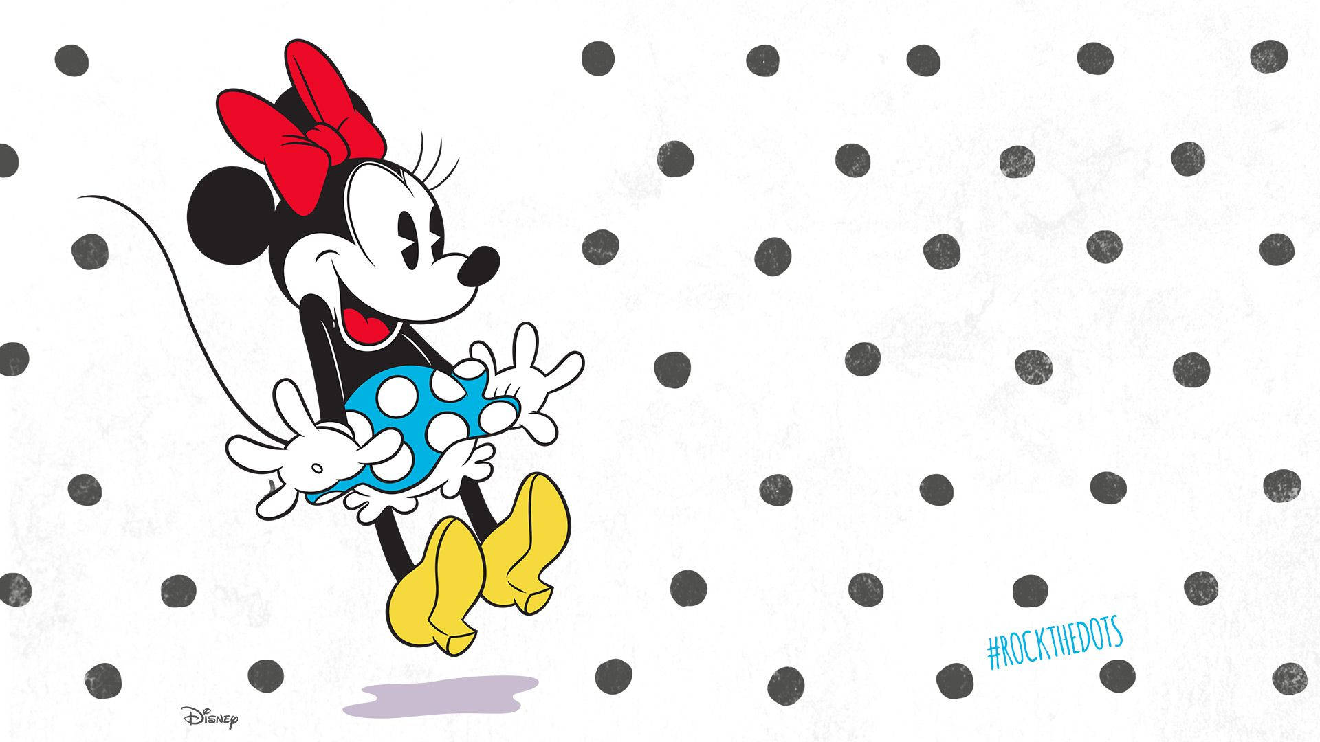 minnie 桌布 壁紙 — 米妮老鼠身穿藍色圓點連衣裙和紅色蝴蝶結，在帶有黑色圓點的白色背景上快樂地跳舞。