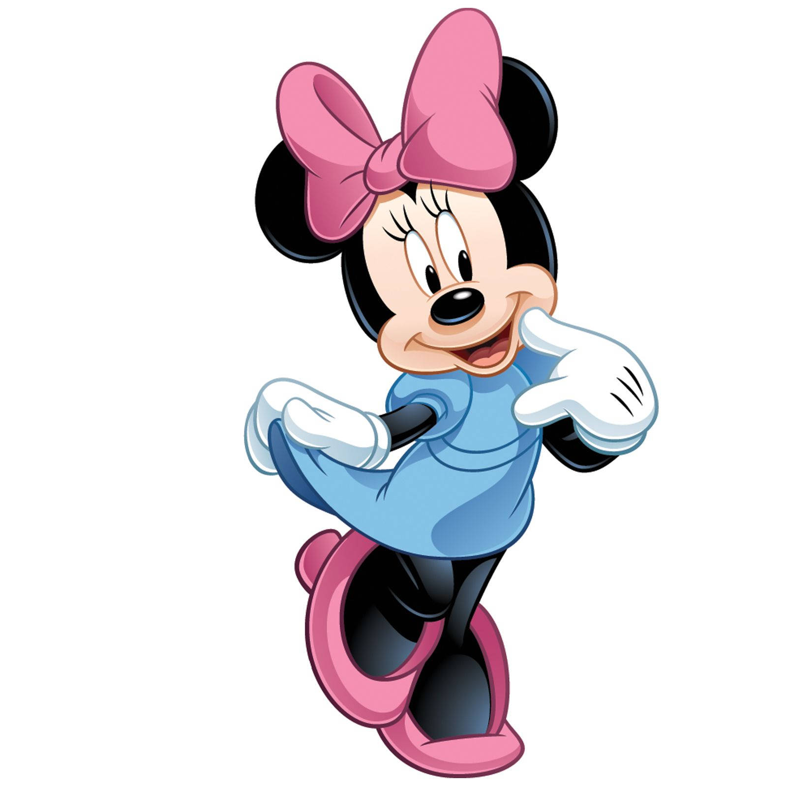 minnie 桌布 壁紙 — 米妮老鼠身穿藍色連衣裙和粉紅色蝴蝶結，戴著白色手套和粉色鞋子擺出俏皮的姿勢。