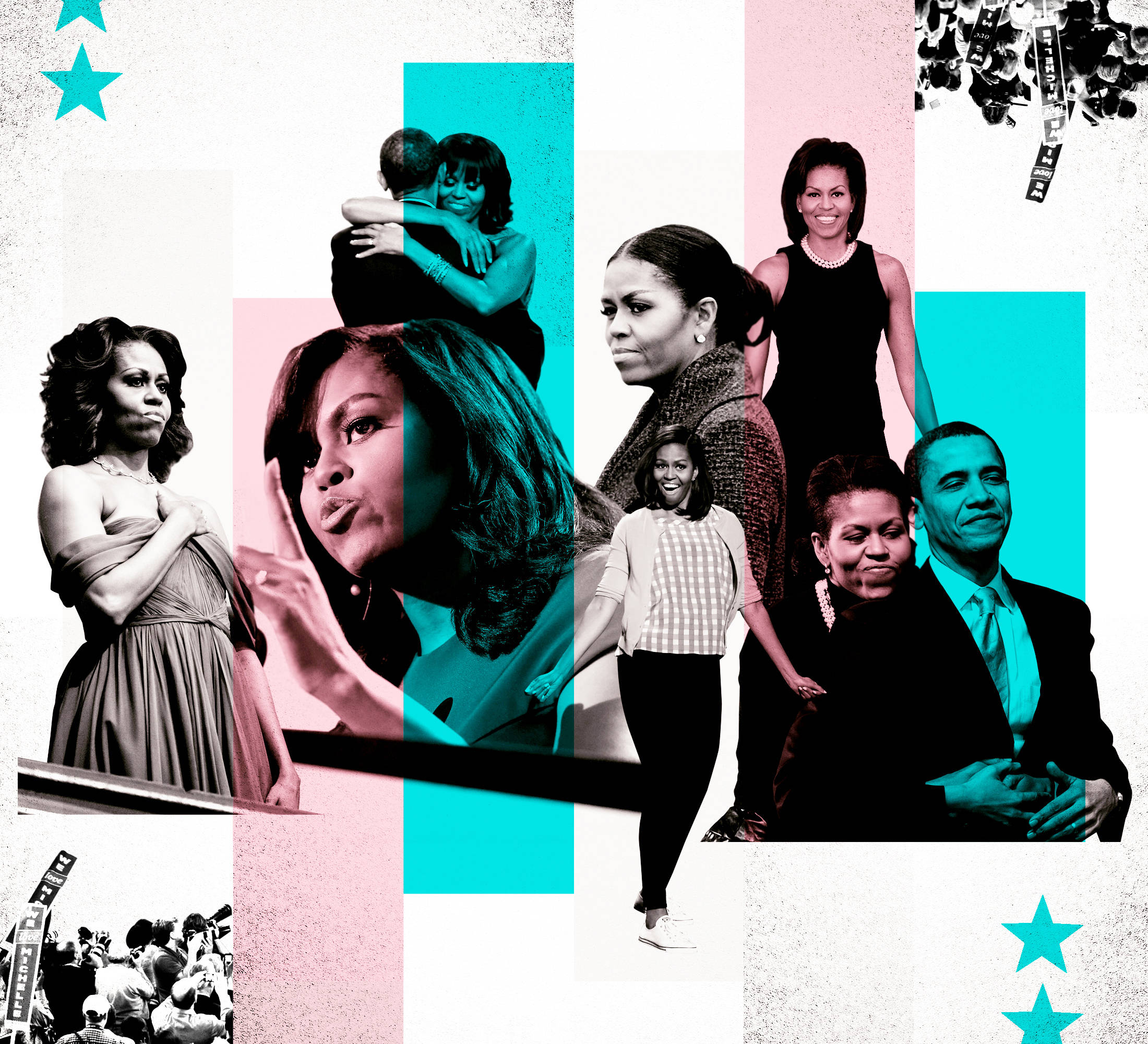Michelle 桌布 壁紙 — 米歇爾·歐巴馬在鮮豔的粉紅色和藍綠色幾何背景前，以各種姿勢和表情呈現的充滿活力的拼貼畫。