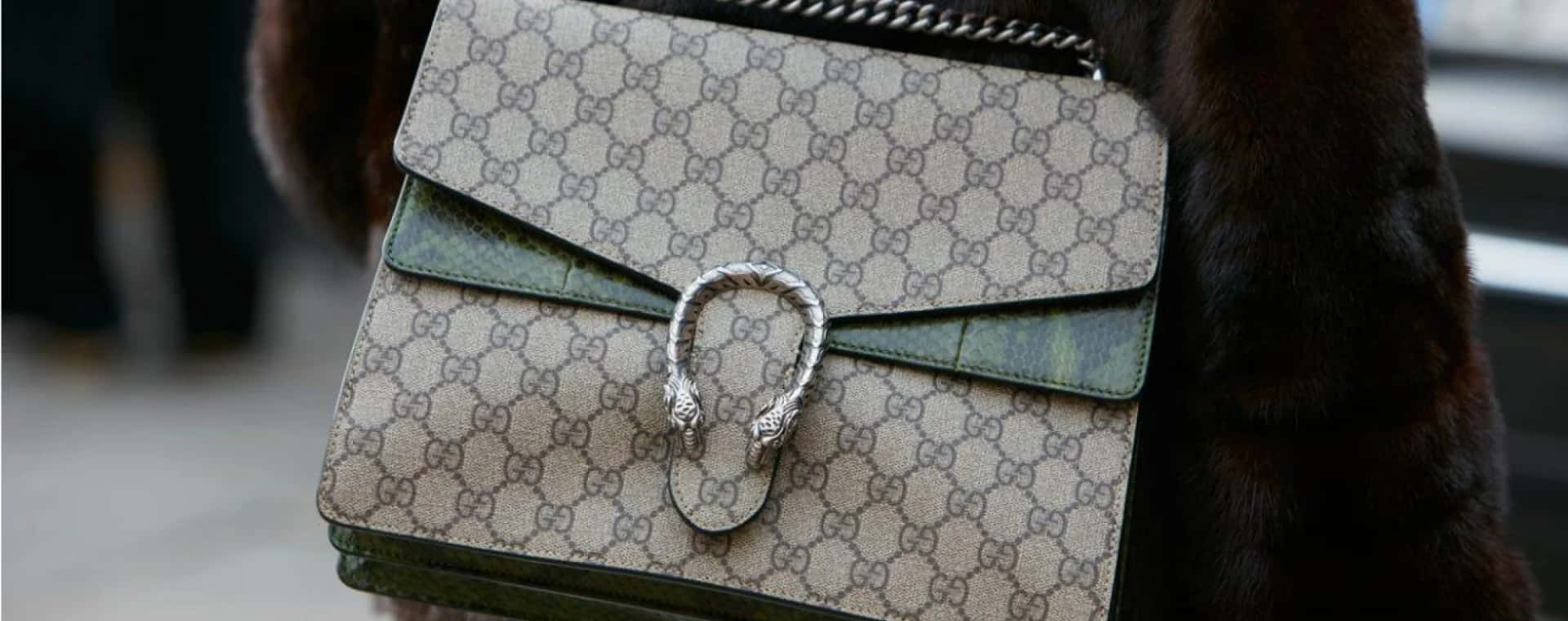 Gucci 桌布 壁紙 — 米色Gucci Dionysus手袋特寫，配有綠色蛇皮飾邊和銀色蛇咬五金件，搭配深色毛皮大衣。