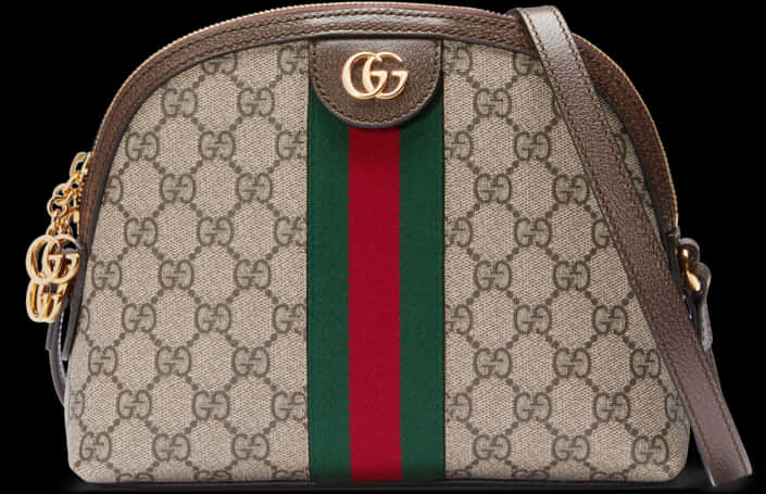 Gucci 桌布 壁紙 — 米色Gucci圓頂手袋，搭配棕色皮革飾邊和標誌性綠紅條紋，黑色背景。