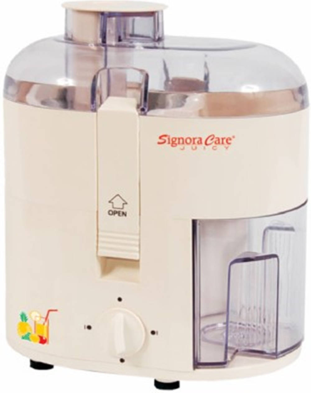 工具 桌布 壁紙 — 米色Signora Care榨汁機，帶透明塑膠部件和旋轉撥盤，背景為白色。