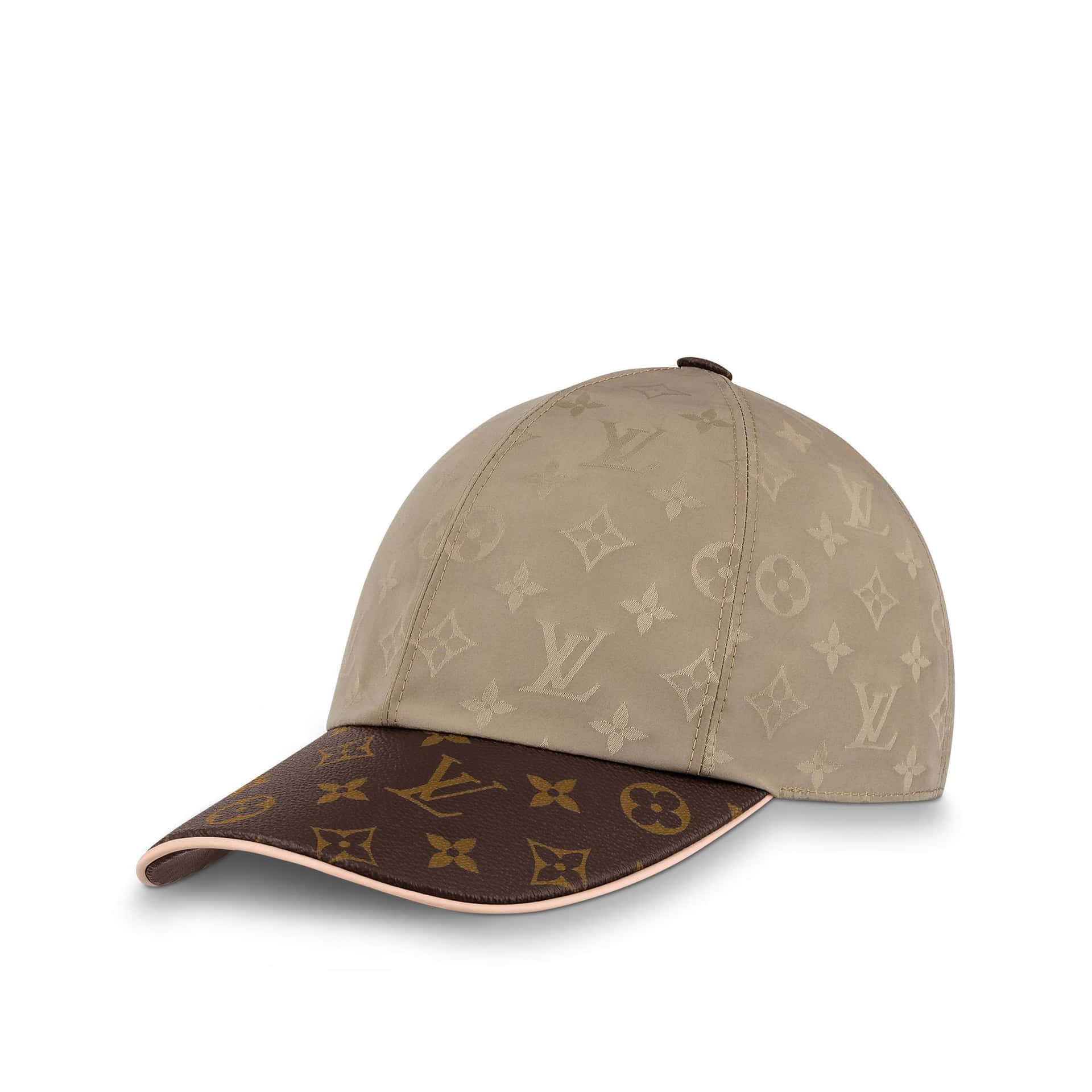 路易威登 桌布 壁紙 — 米色和棕色的 Louis Vuitton 帽子，經典 monogram 圖案，粉紅色飾邊，純白背景。