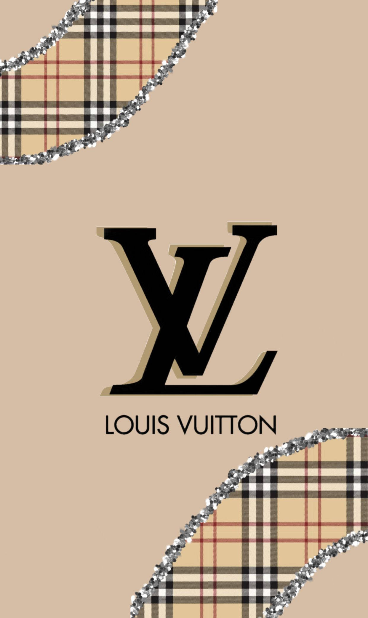 Louis Vuitton Aesthetic 桌布 壁紙 — 米色壁紙，中央有一個大膽的黑色 Louis Vuitton 標誌，周圍是閃閃發光的格紋圖案碎片。