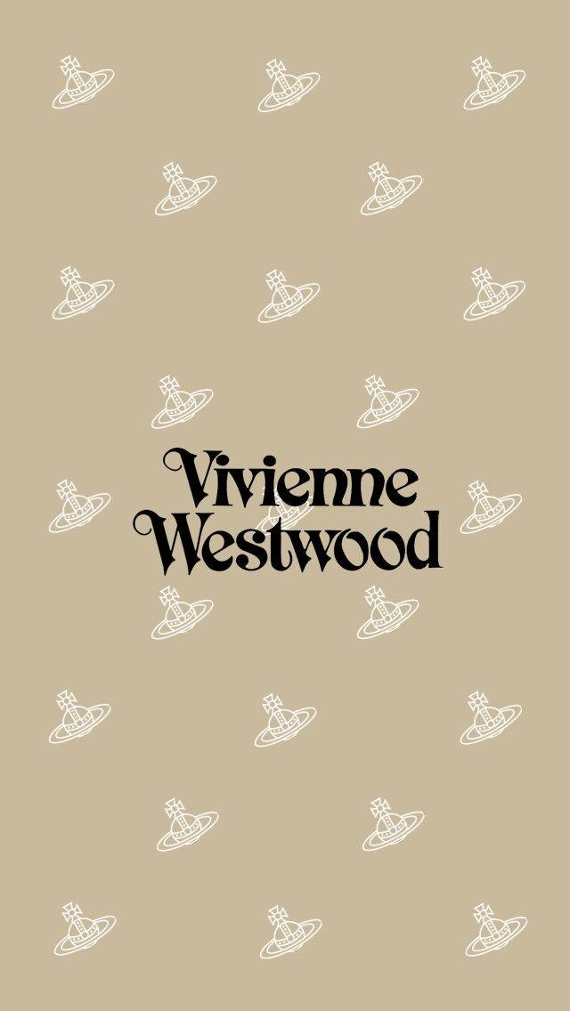 Vivienne Westwood 桌布 壁紙 — 米色壁紙，重複白色Vivienne Westwood標誌，中央有粗體黑色品牌文字。
