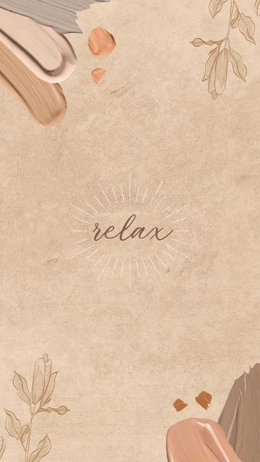 Relax 桌布 壁紙 — 米色紋理壁紙，上面有「relax」字樣，周圍環繞著柔和的筆觸和精緻的植物素描。