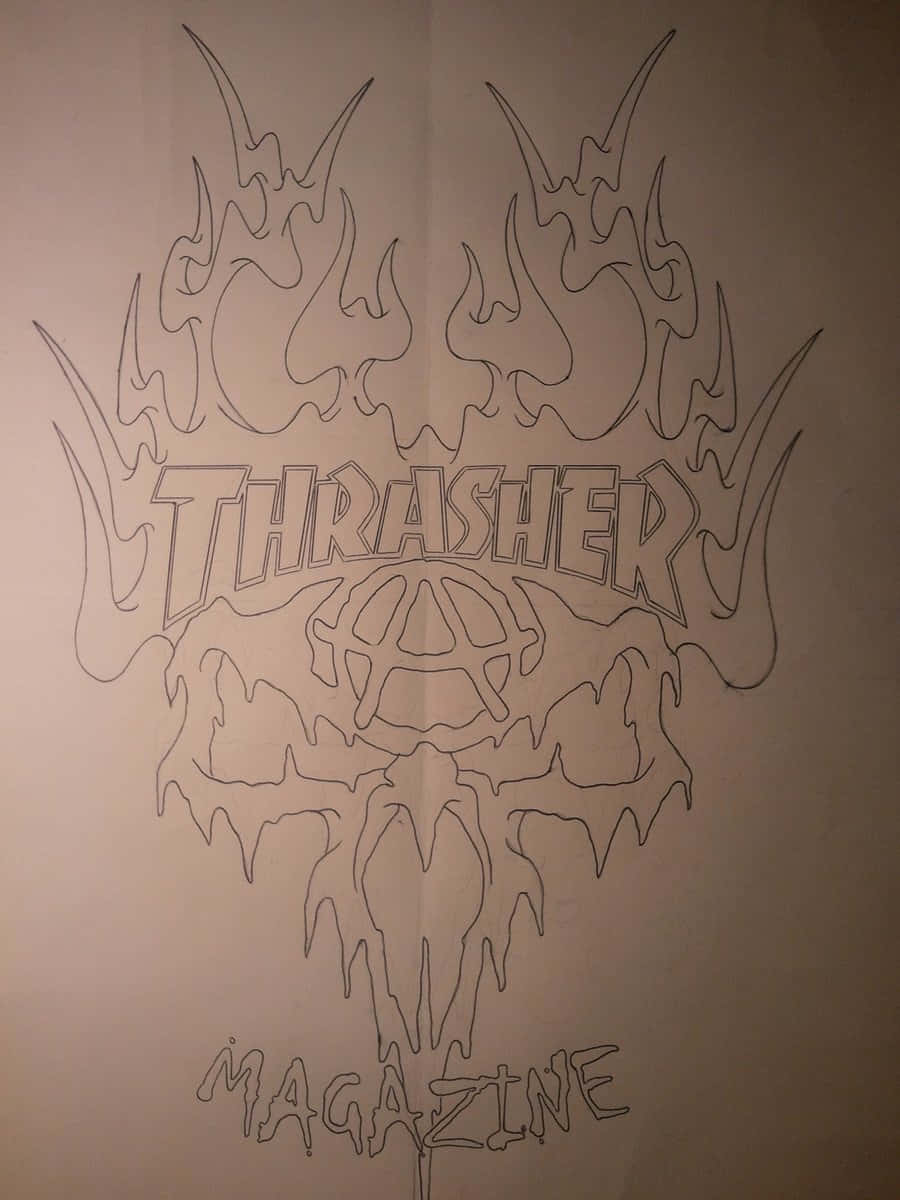Thrasher 桌布 壁紙 — 米色紙上Thrasher Magazine標誌的黑色輪廓圖，帶有火焰和骷髏圖案。