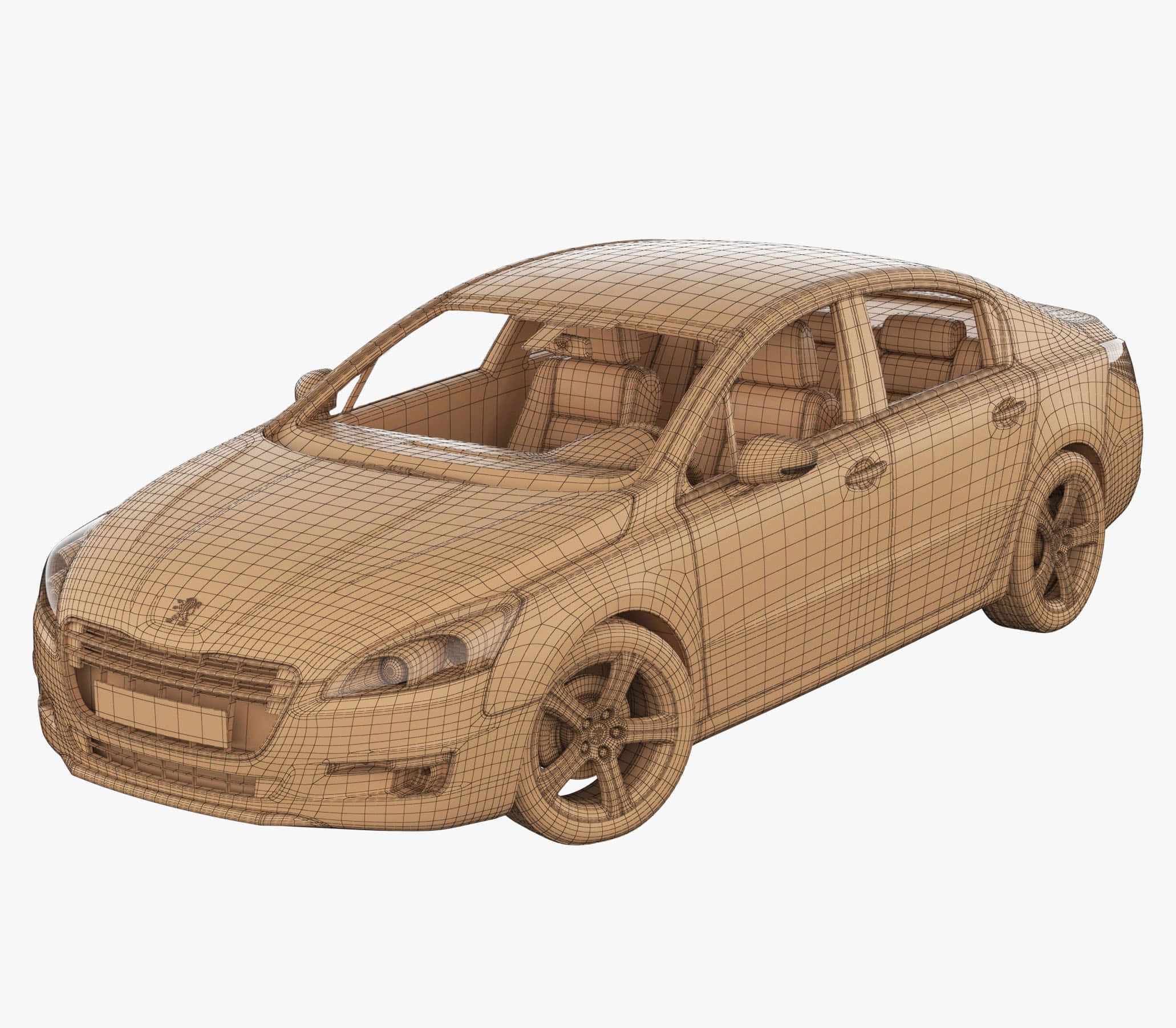3d Modeling 桌布 壁紙 — 米色線框3D模型的轎車，在攝影棚燈光下以純色背景展示。