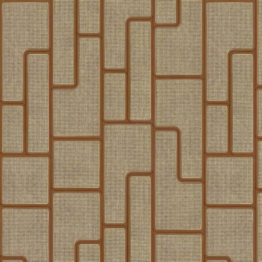 Mahogany 桌布 壁紙 — 米色編織面板的幾何圖案，以棕色邊框分隔，形成重複的迷宮式設計。