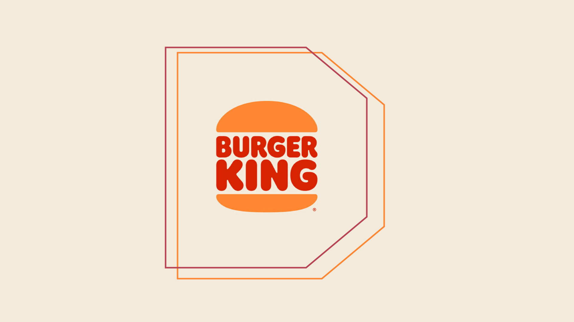 Burger 桌布 壁紙 — 米色背景上，Burger King 標誌以粗體紅色和橙色呈現，置於層疊幾何框架內。