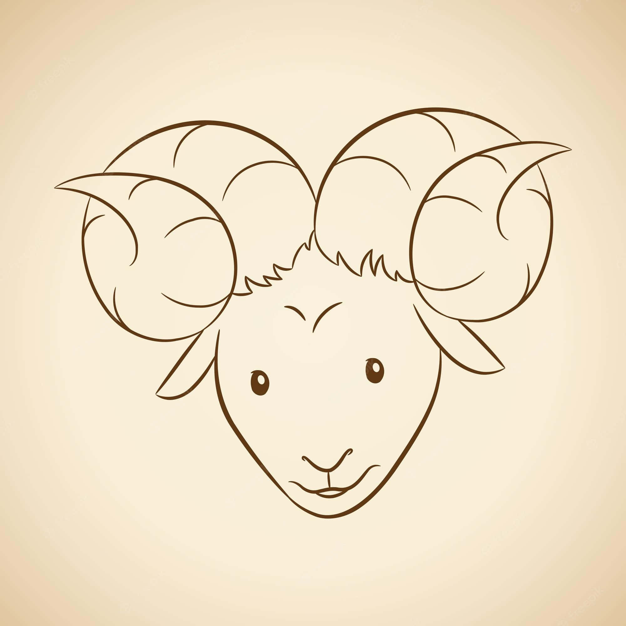 aries 桌布 壁紙 — 米色背景上，一個帶有大彎曲角的公羊頭部的極簡線條畫。