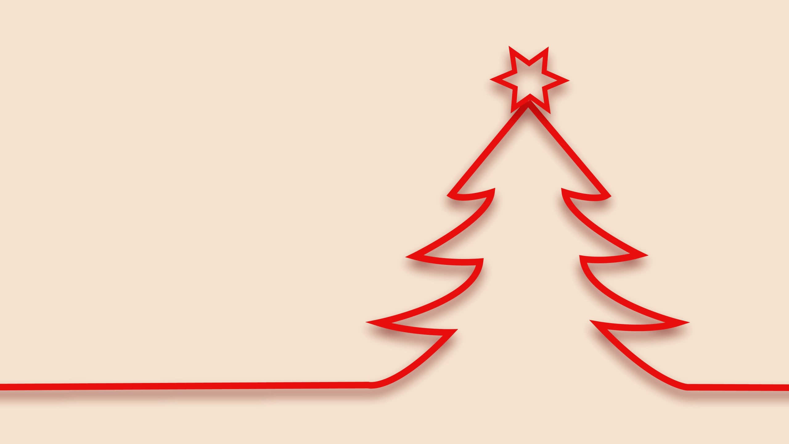 1920x1080 HD Christmas 桌布 壁紙 — 米色背景上，一棵帶星星裝飾的聖誕樹的簡約紅色線條畫。