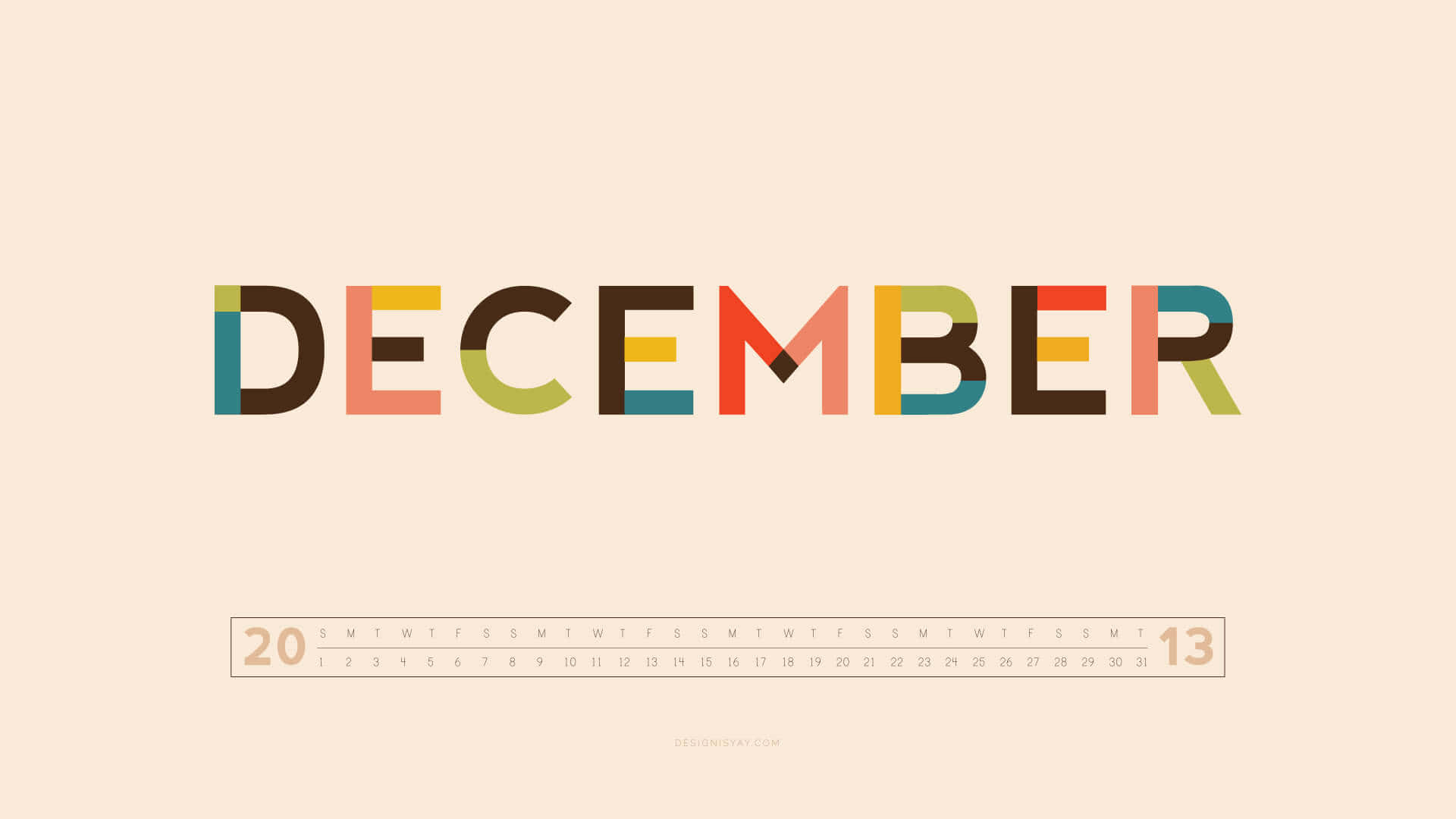 十二月 桌布 壁紙 — 米色背景上，以彩色粗體字寫成的「December」一詞，下方有一個極簡風格的日曆網格。