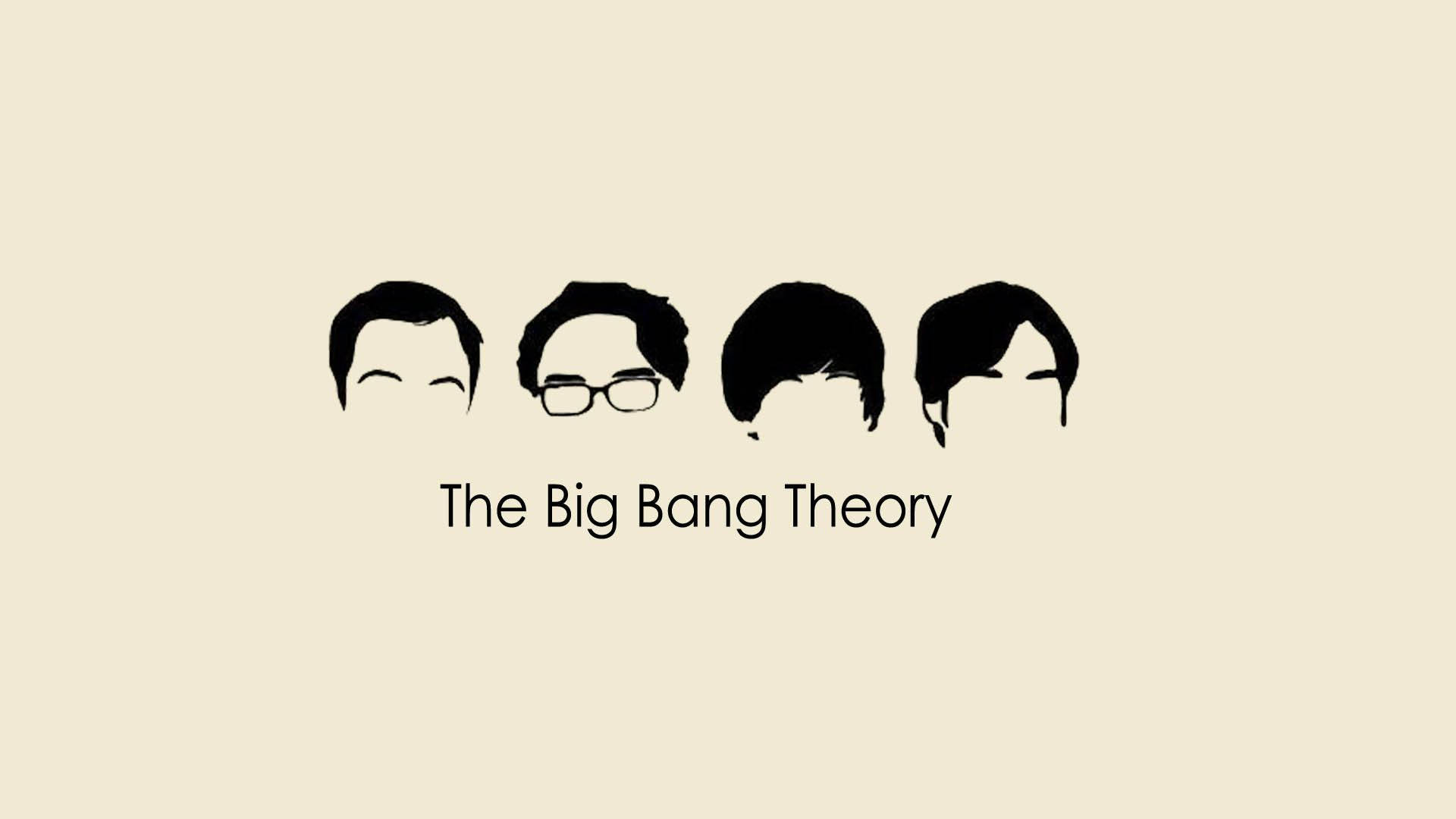 Bang 桌布 壁紙 — 米色背景上，四個男人的極簡黑色剪影頭像在《The Big Bang Theory》標題上方。