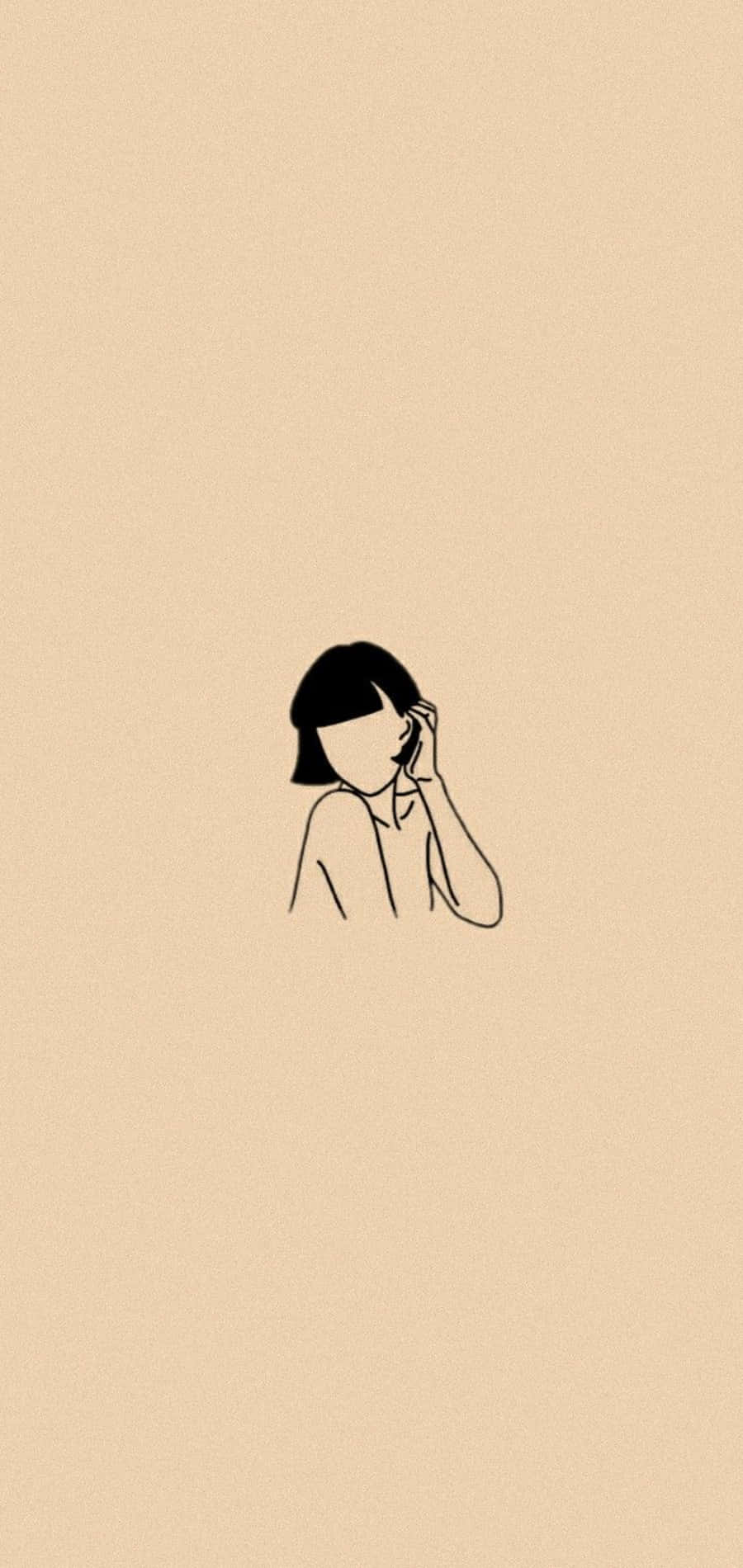 Korean Beige Aesthetic 桌布 壁紙 — 米色背景上，短髮人物觸摸臉部的極簡線條畫。