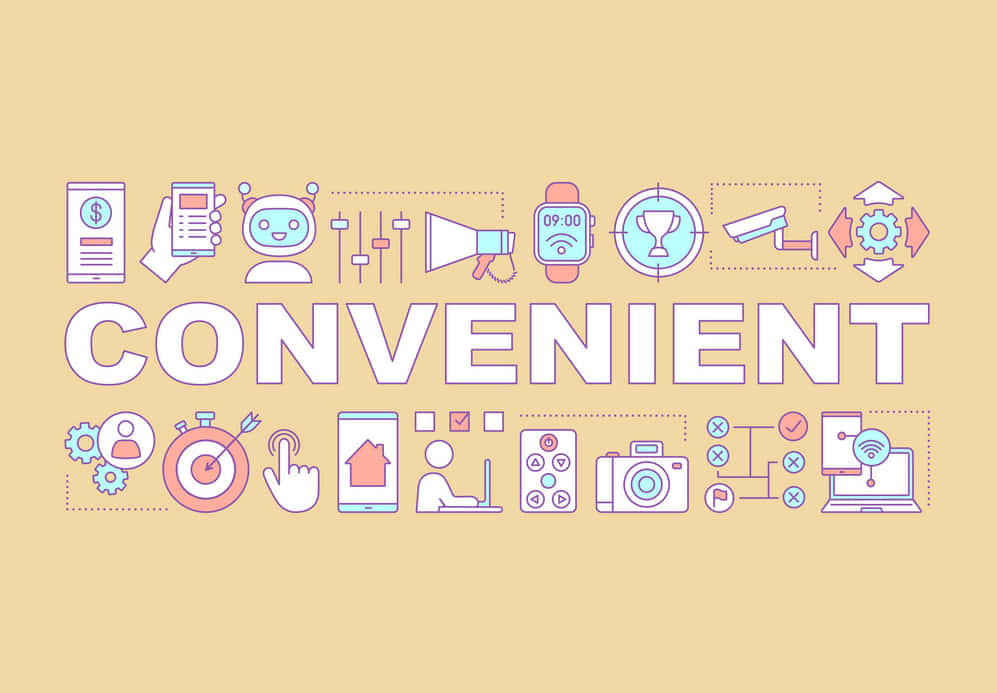 高清 桌布 壁紙 — 米色背景上，粗體白色單詞「convenient」被代表科技產品和服務的彩色線條圖標包圍。