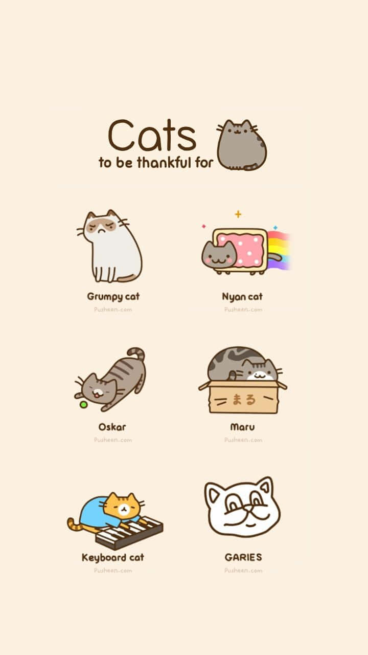 Kawaii Pusheen 桌布 壁紙 — 米色背景上以網格顯示八隻可愛卡通貓，如Nyan Cat和Grumpy Cat，並附有名字。