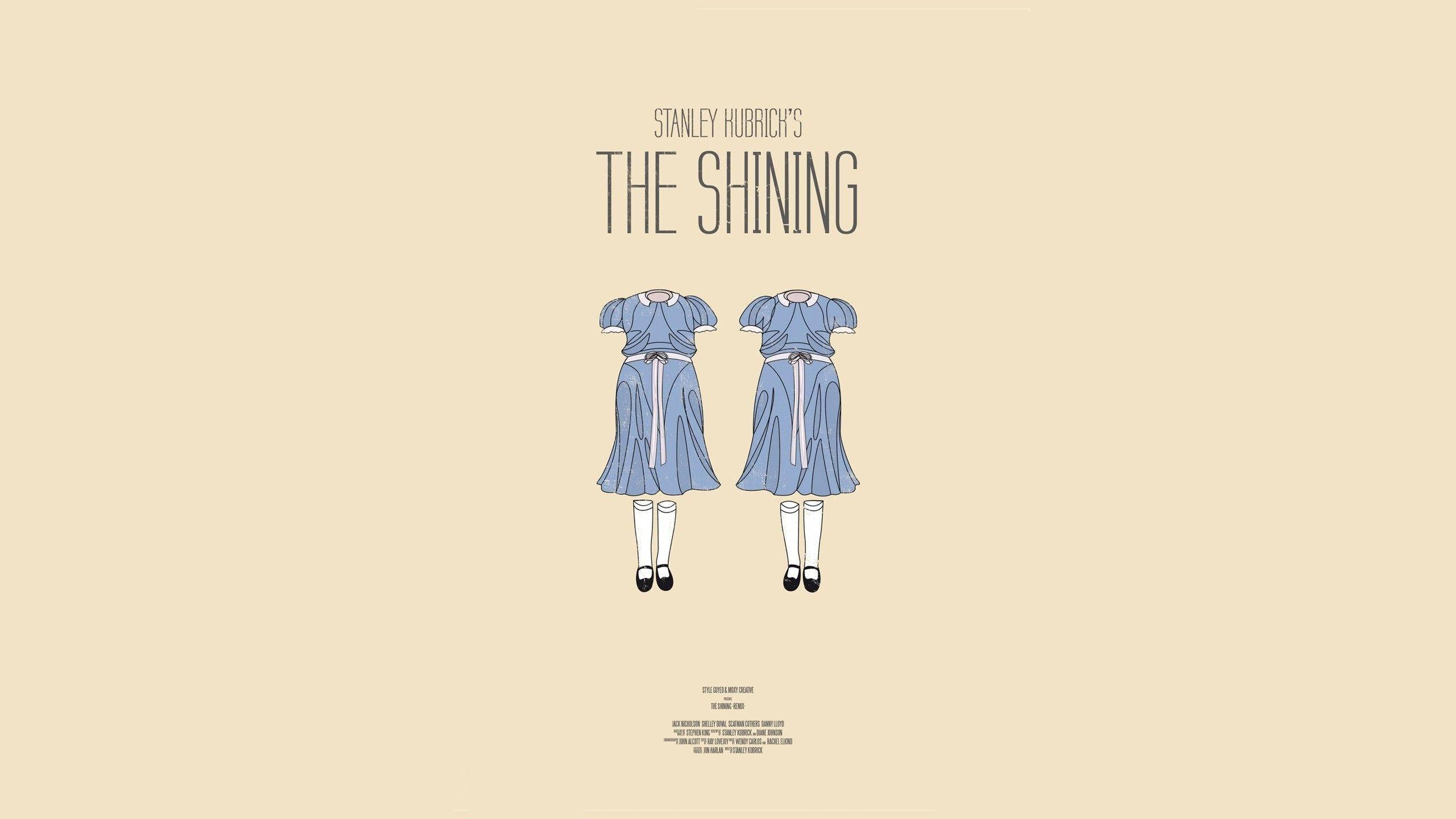 shining 桌布 壁紙 — 米色背景上兩件相同的藍色連衣裙，配有白色領子和黑色鞋子的極簡插圖。