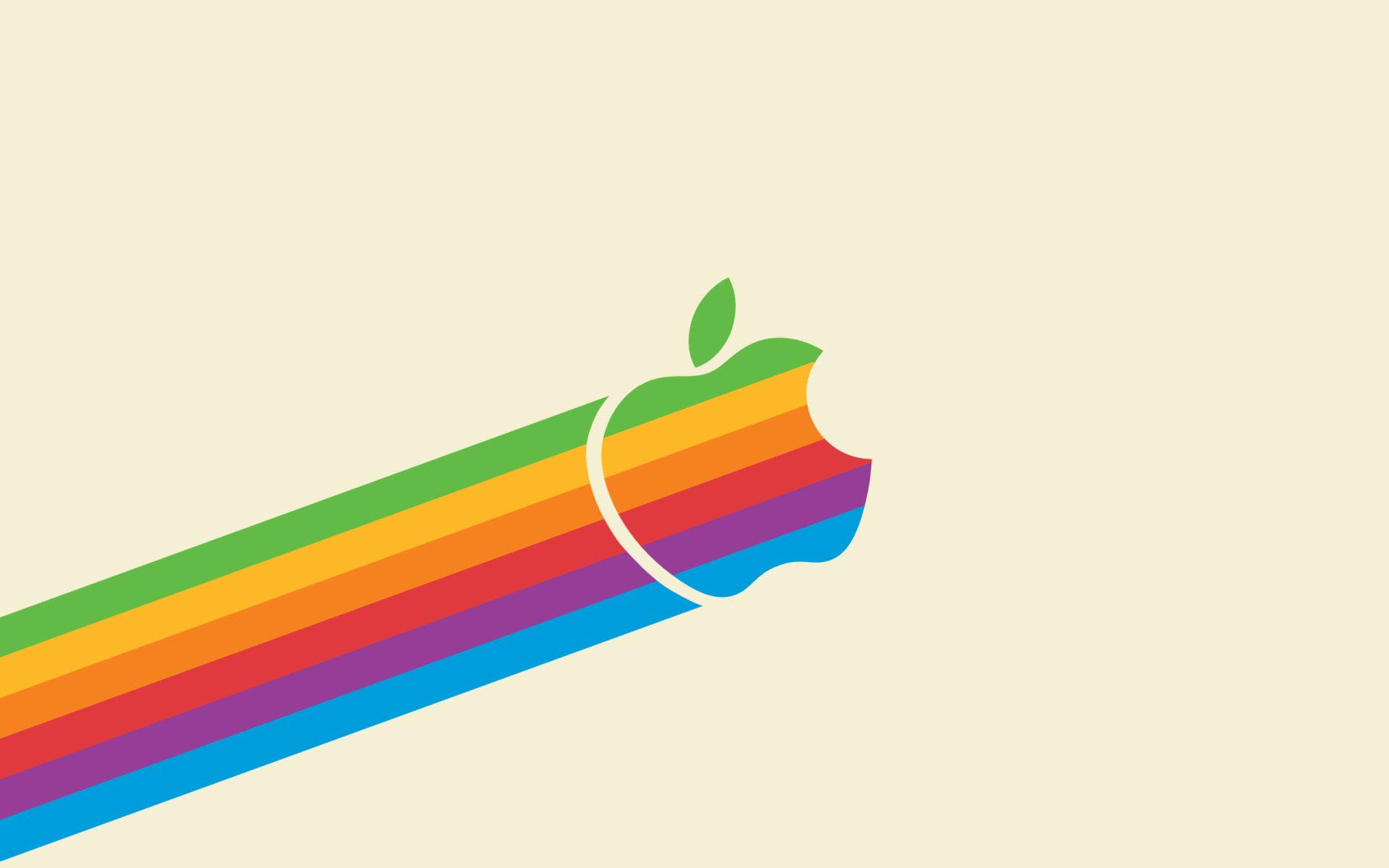 彩虹 Apple 標誌，帶有咬痕和葉子，米色背景。 — 蘋果標誌 GIF 壁紙