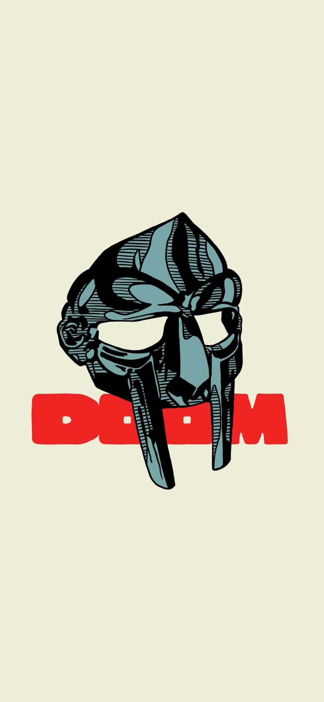 人像動態 桌布 壁紙 — 米色背景上帶有紅色「DOOM」文字的風格化藍色毀滅戰士頭盔。
