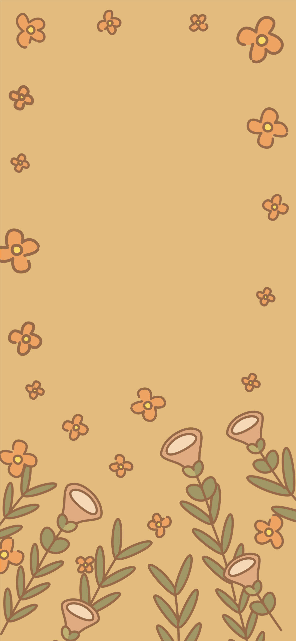 Spring iPhone 桌布 壁紙 — 米色背景上散落著橙色花朵和綠色葉子的極簡風格壁紙。