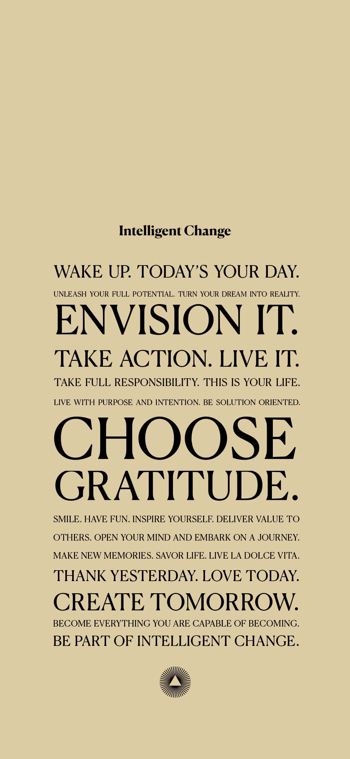 語錄 桌布 壁紙 — 米色背景上粗體黑色勵志文字，以「Envision It」和「Choose Gratitude」等短語鼓勵明智的改變和感恩。