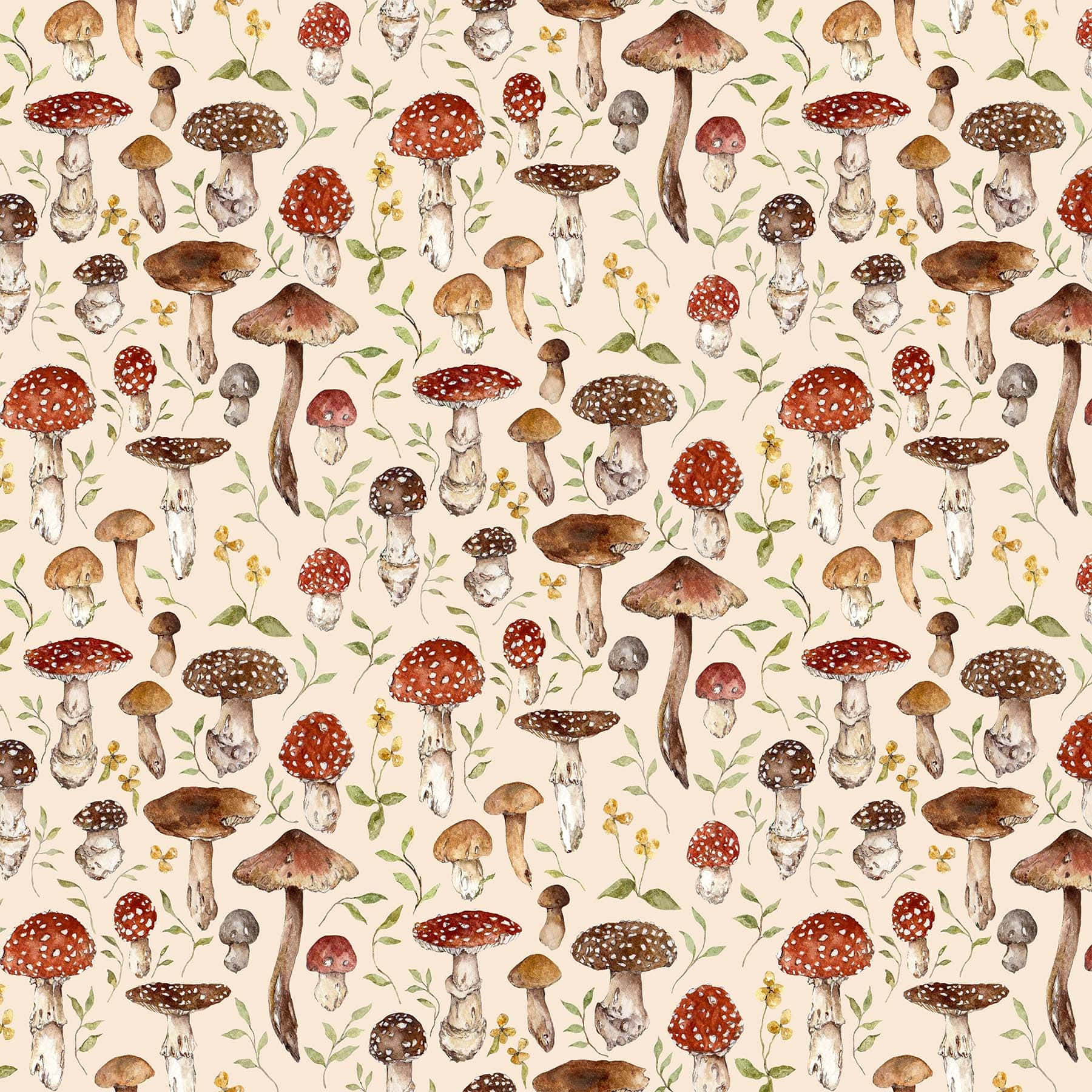 mushrooms 桌布 壁紙 — 米色背景上紅帽蘑菇和綠色藤蔓的水彩圖案。