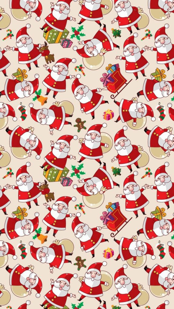 Santa Claus 桌布 壁紙 — 米色背景上重複出現的卡通聖誕老人，身穿紅色衣服，周圍環繞著禮物、冬青和拐杖糖。