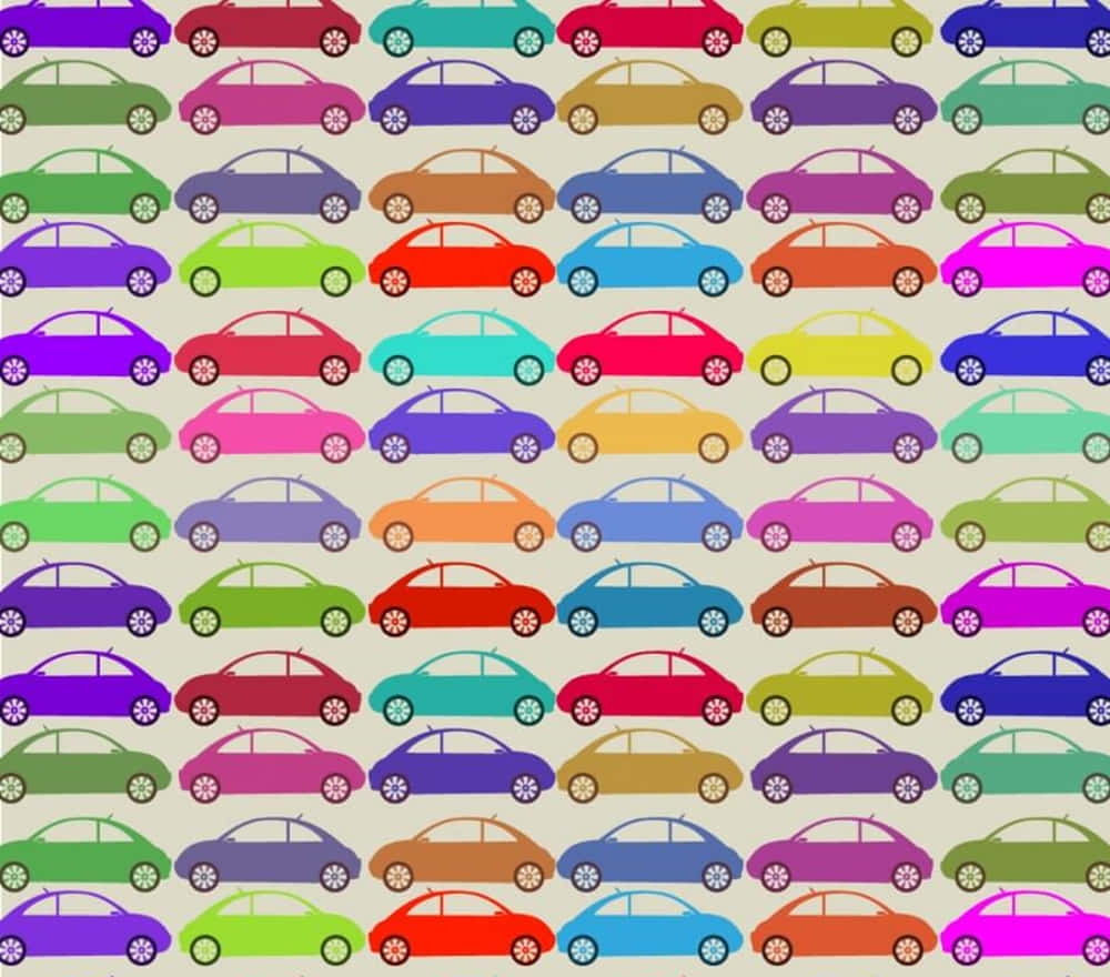 Car Pattern 桌布 壁紙 — 米色背景上重複出現的彩虹色風格化汽車的鮮豔圖案。