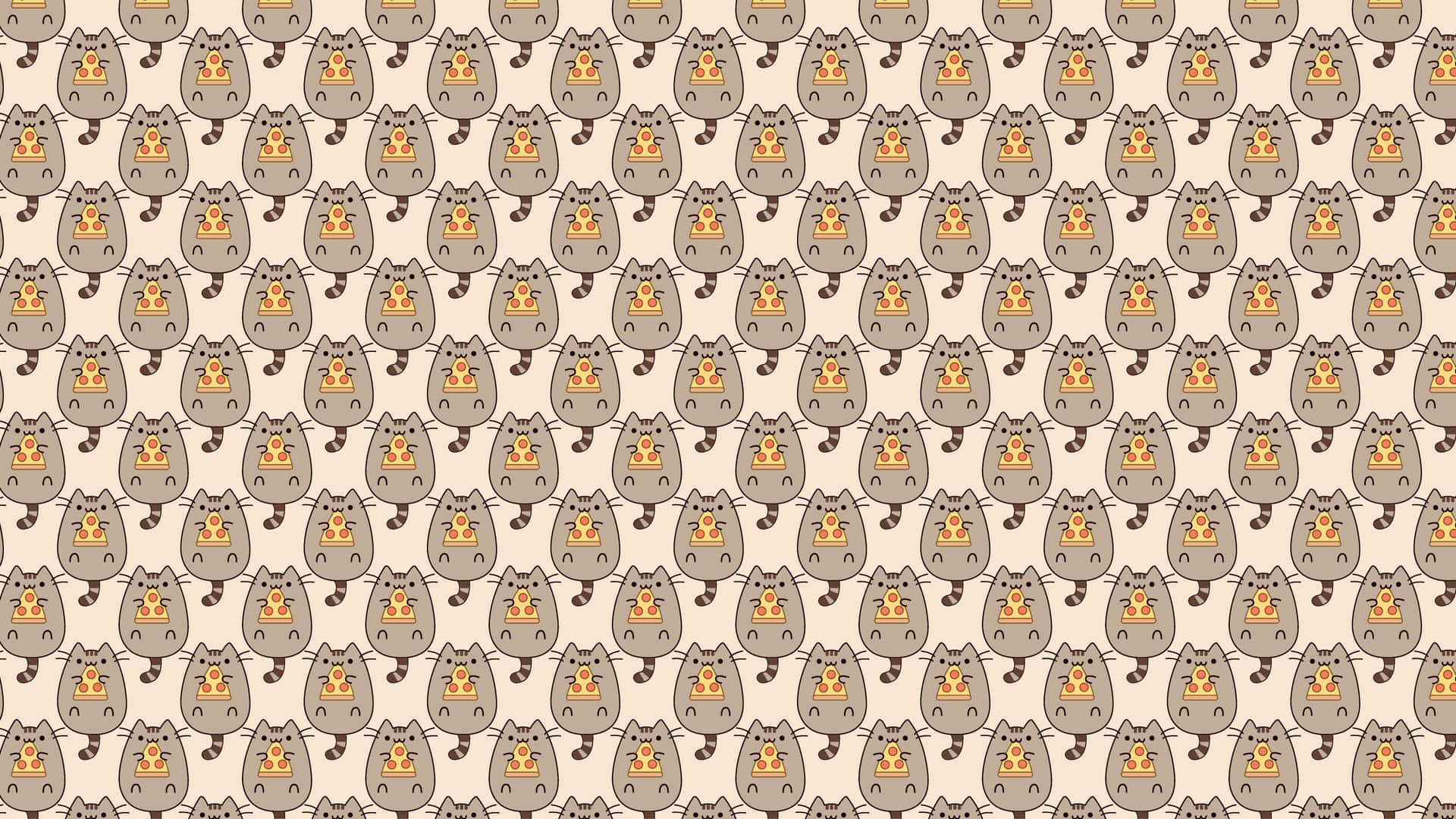 pusheen 動圖 桌布 壁紙 — 米色背景上重複的可愛灰色貓咪拿著披薩片的圖案。