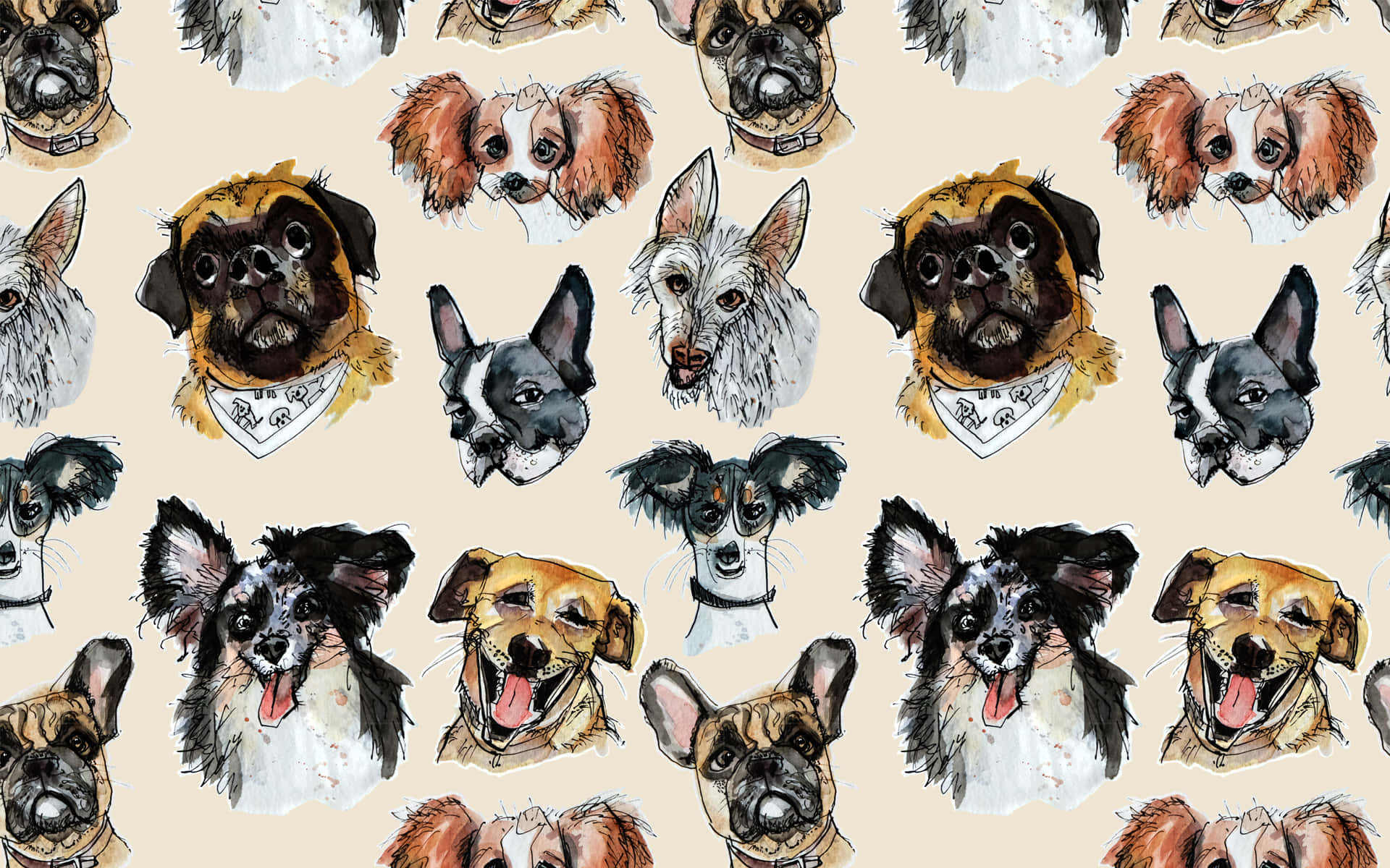 動物 桌布 壁紙 — 米色背景上重複的水彩狗肖像圖案，狗隻戴著頭巾。