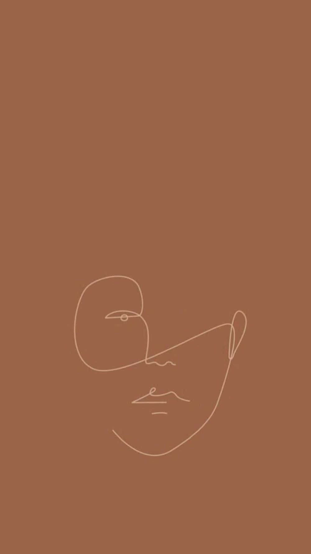 Brown Minimalist 桌布 壁紙 — 米色臉部的極簡線條畫，背景為純色赤陶色。