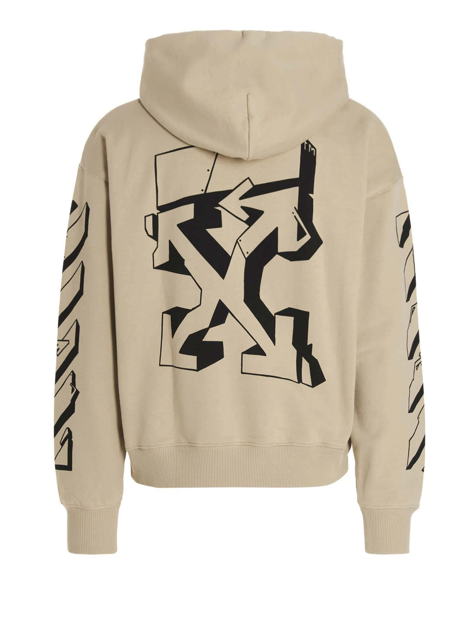 Off White 桌布 壁紙 — 米色連帽衫背面，背部及袖子帶有醒目黑色抽象幾何圖案。