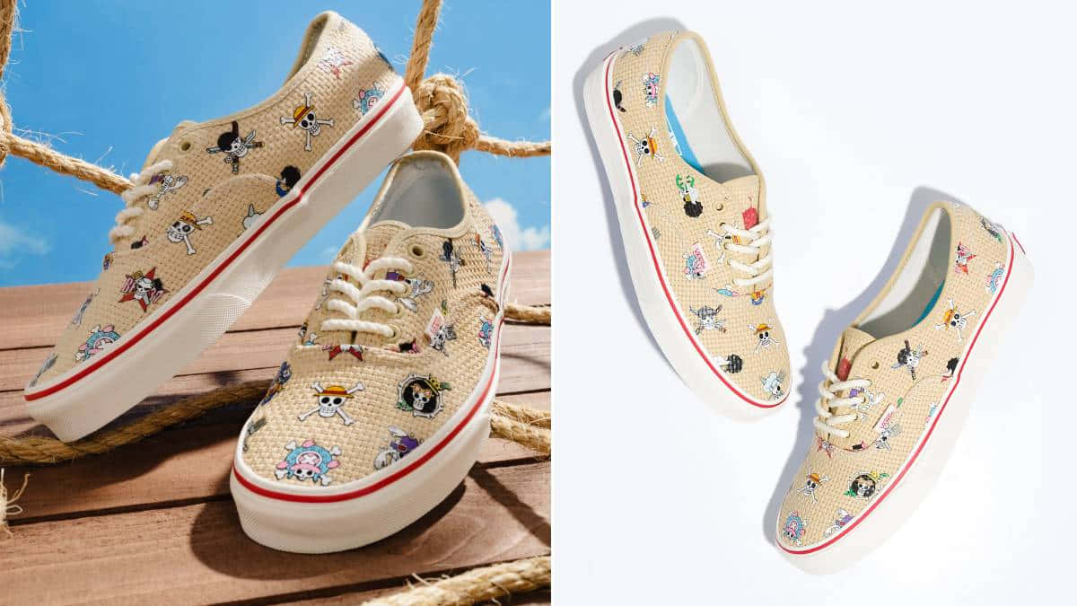Vans 桌布 壁紙 — 米色運動鞋帶有One Piece角色印花，掛在繩索上，背景是藍天，並放在木甲板上。