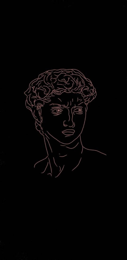 Greek Aesthetic 桌布 壁紙 — 米開朗基羅大衛頭像的極簡發光線條畫，背景為純黑色。