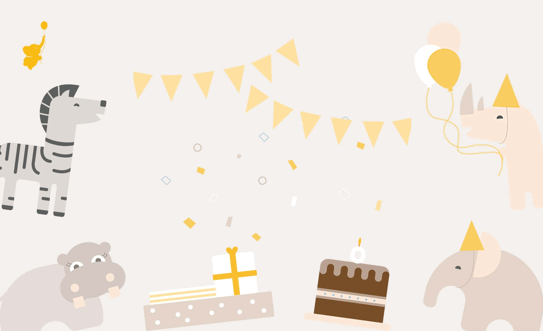 Baby Shower 桌布 壁紙 — 粉彩動物用蛋糕、氣球和彩旗在歡樂簡約的生日場景中慶祝。