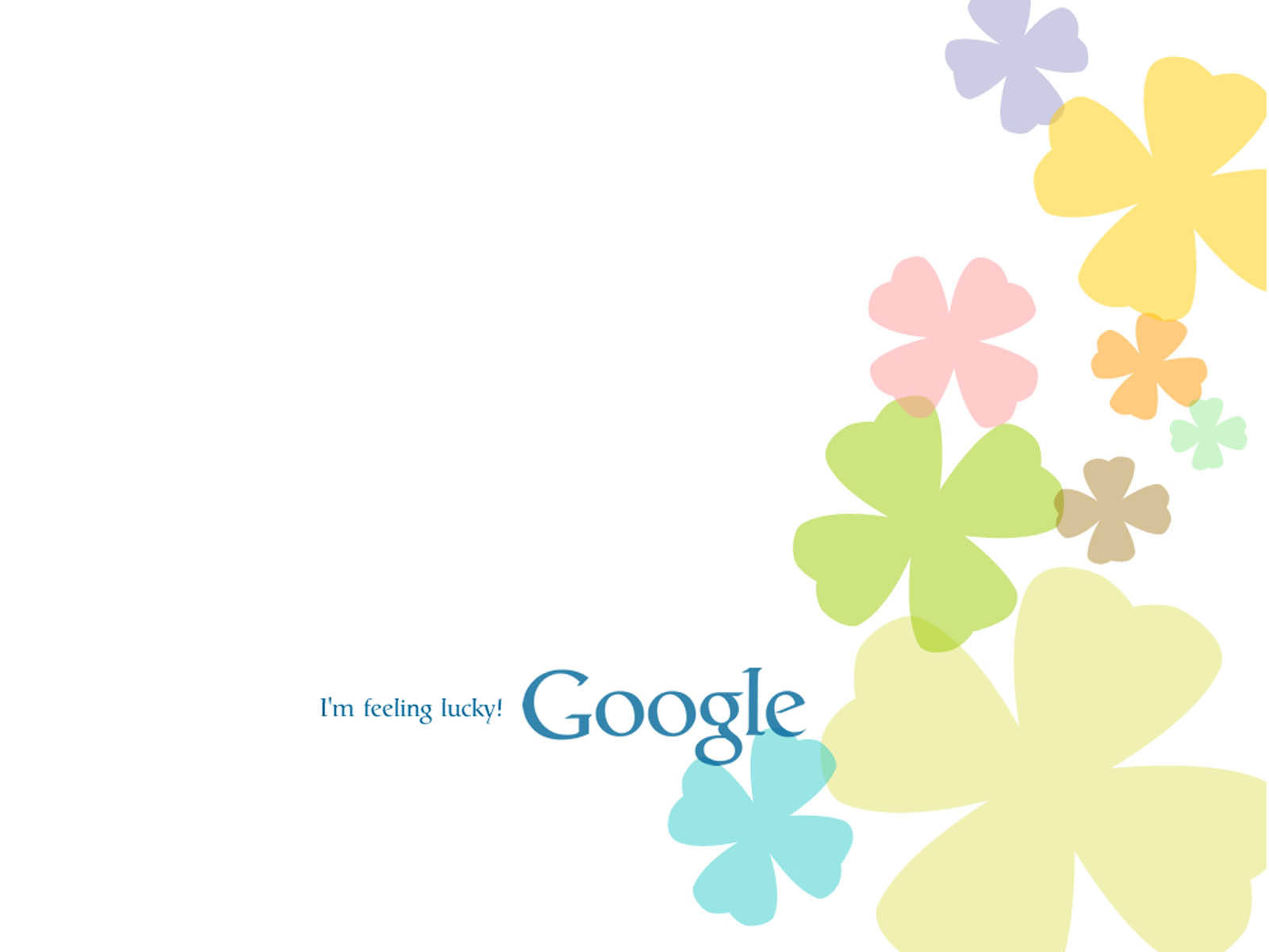 google 桌布 壁紙 — 粉彩四葉草以對角線方式在白色背景上層疊，並帶有 Google 的「I'm feeling lucky」文字。