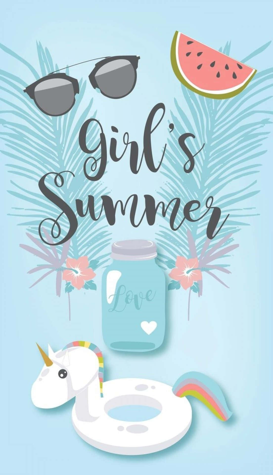 Summer iPhone 桌布 壁紙 — 粉彩夏日場景，太陽眼鏡、西瓜、花朵和獨角獸浮圈襯托棕櫚葉。