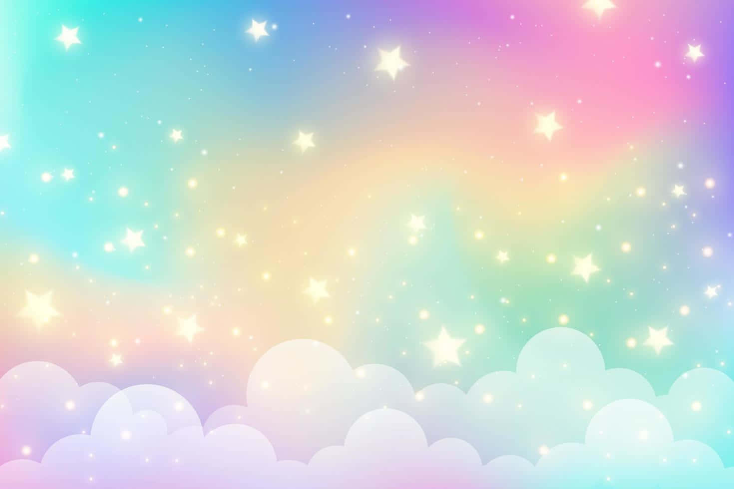 粉彩可愛動圖 桌布 壁紙 — 粉彩彩虹天空，閃爍星星和柔軟雲朵，營造夢幻神奇的氛圍。