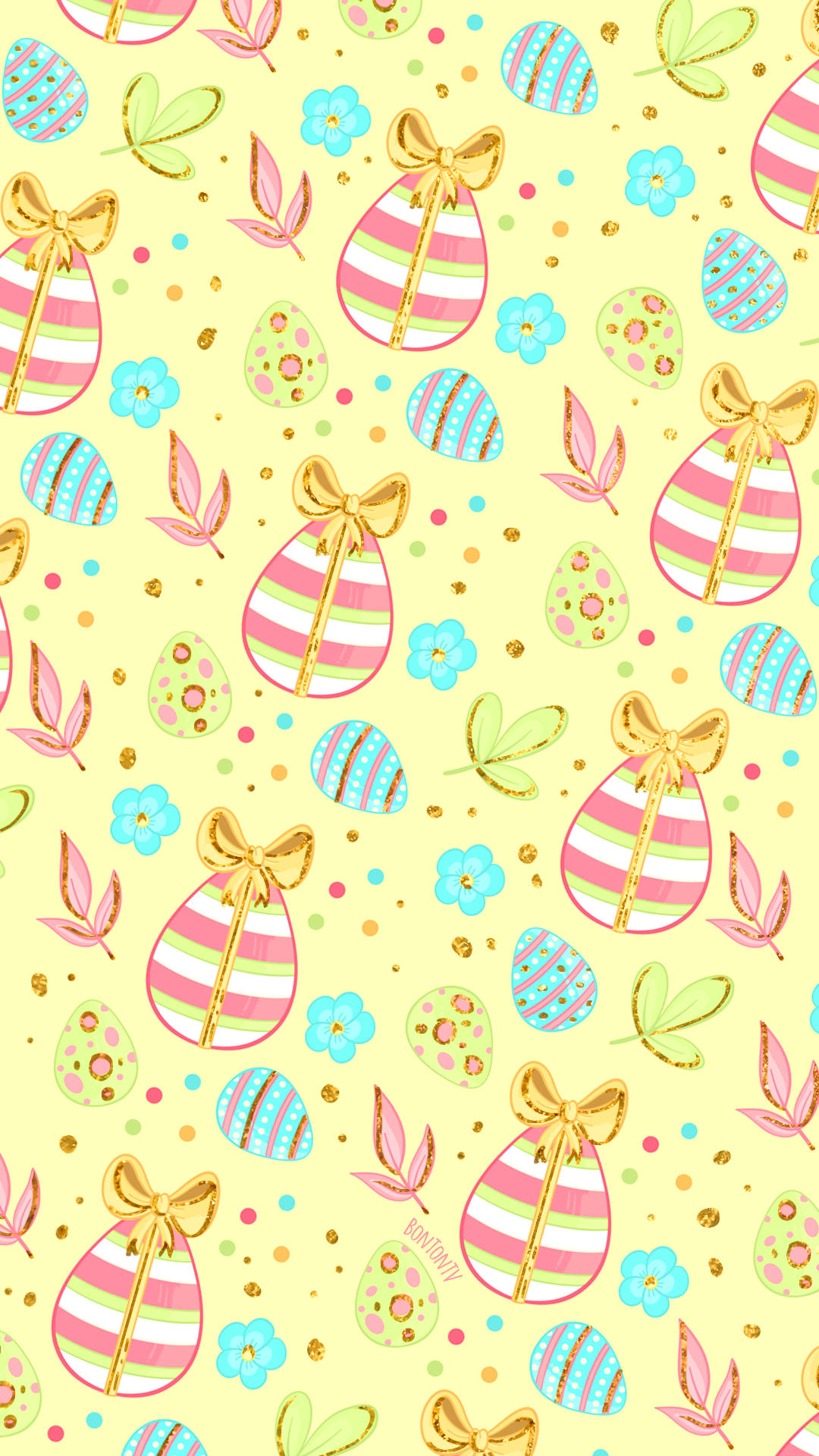 Easter Phone 桌布 壁紙 — 粉彩復活節蛋，飾有金色蝴蝶結和花卉點綴，散落在帶有閃粉圓點的黃色背景上。