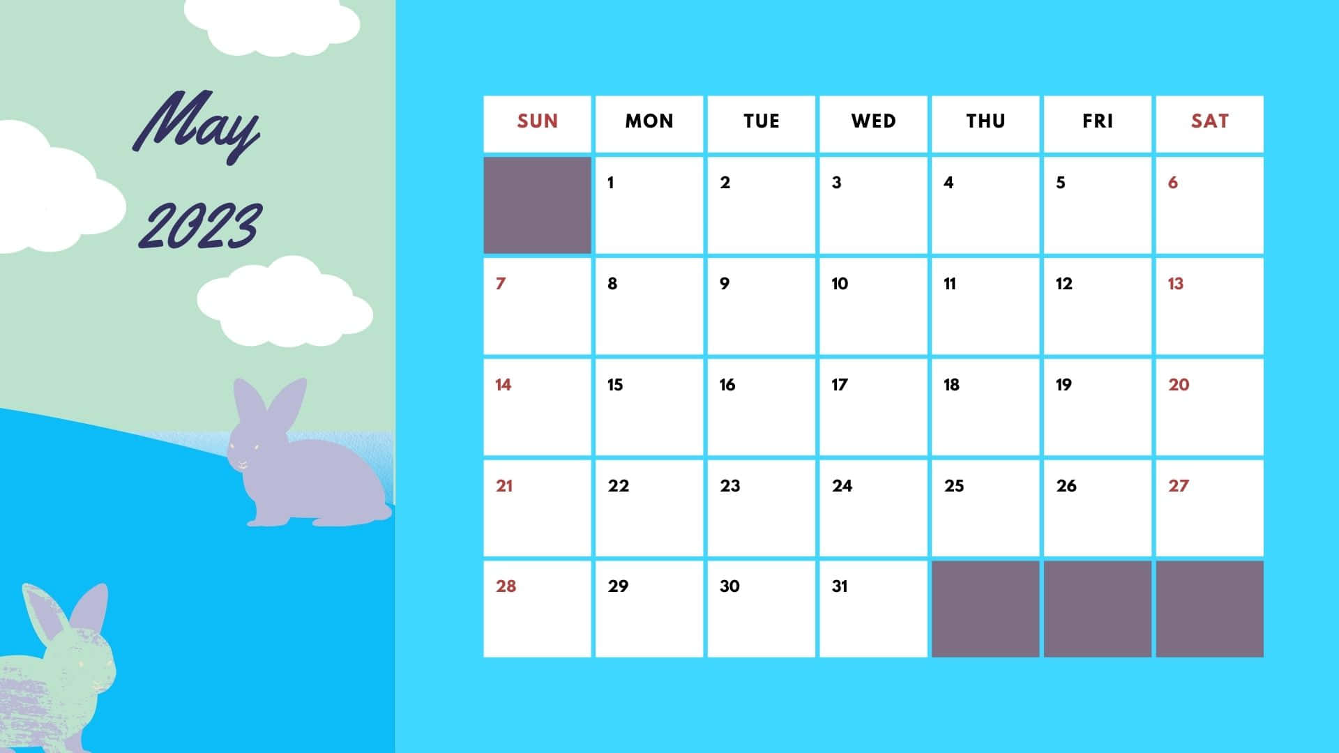 May 2023 Calendar 桌布 壁紙 — 粉彩插畫風格的2023年5月月曆，以藍綠漸層背景襯托薰衣草色兔子和雲朵。