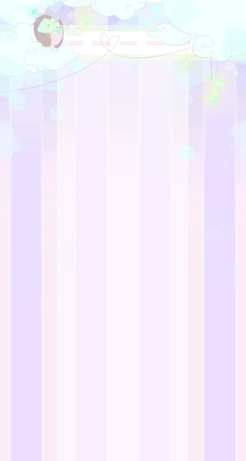 Kawaii Pastel 桌布 壁紙 — 粉彩條紋壁紙，帶有漂浮的雲朵和一個可愛的鳥類角色，風格奇幻的數位藝術。