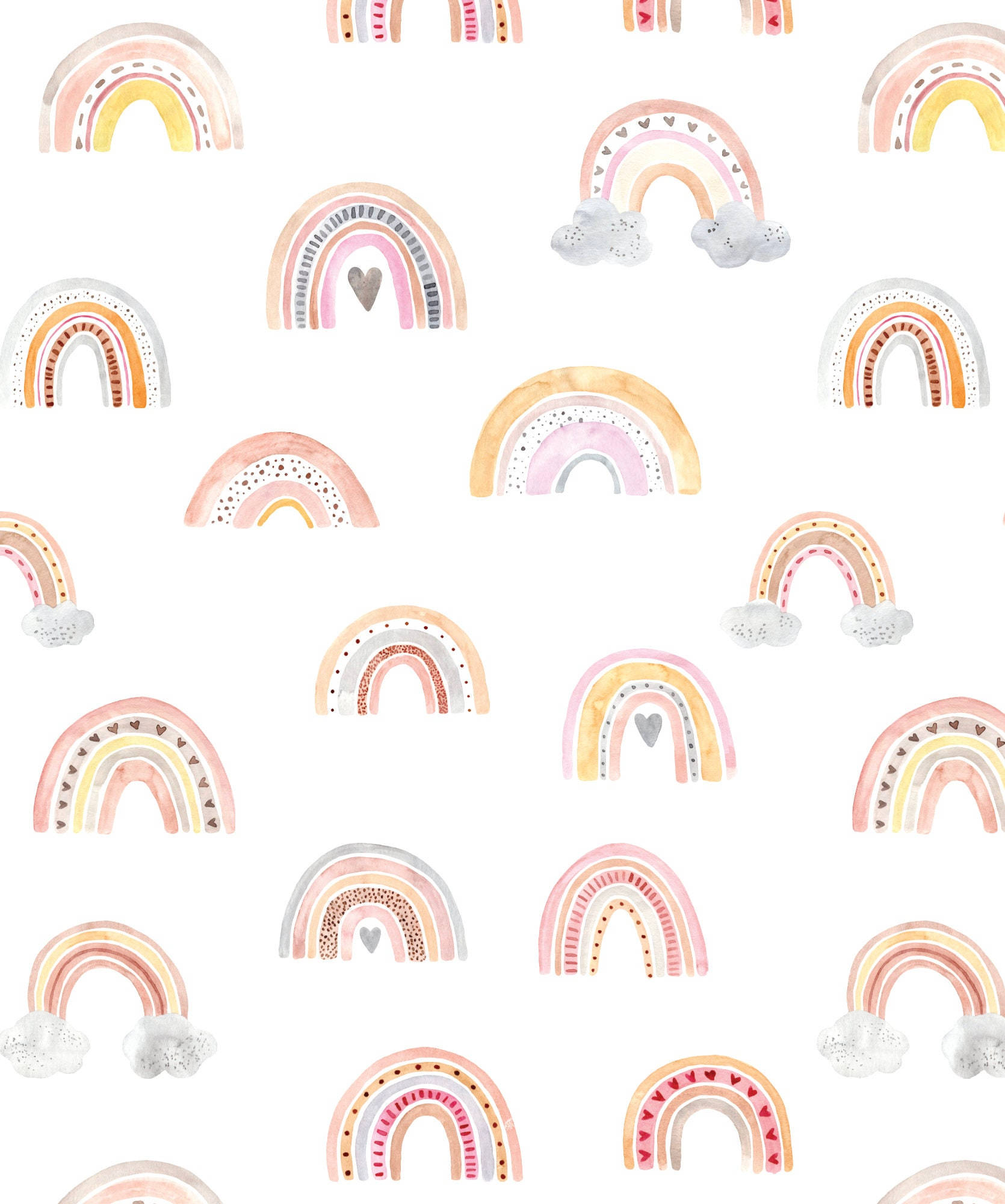Boho Rainbow 桌布 壁紙 — 粉彩水彩彩虹，雲朵和心形散佈在白色背景上，形成俏皮圖案。