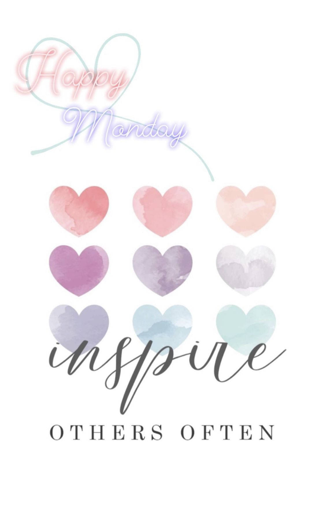 Happy Monday 桌布 壁紙 — 粉彩水彩心形以網格排列在「Happy Monday」和「inspire others often」文字下方。
